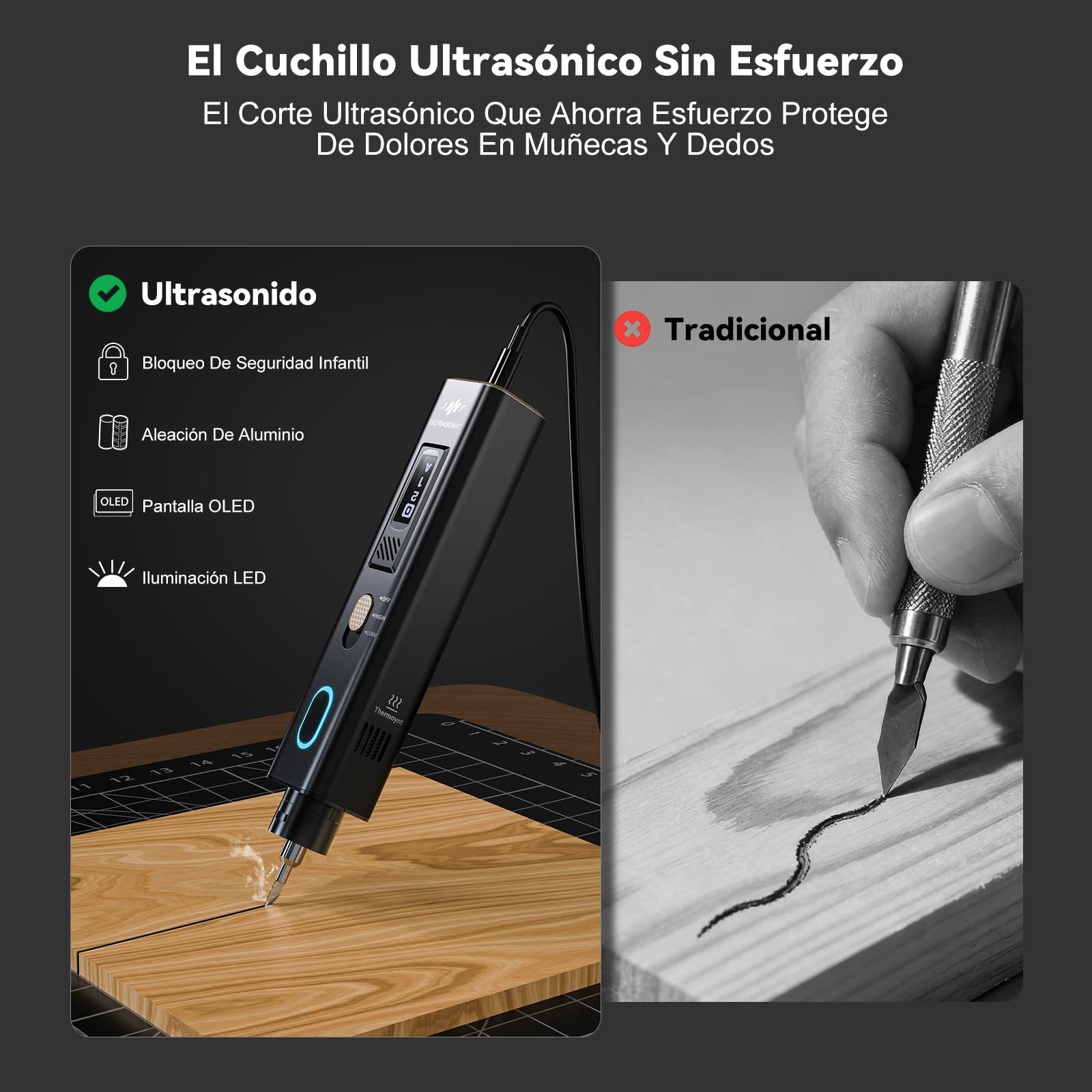 Cuchillo ultrasónico, cuchillo de corte ultrasónico manual de 40kHz, herramienta de corte sónico de alta precisión para post-procesamiento de impresión 3D y corte de múltiples materiales