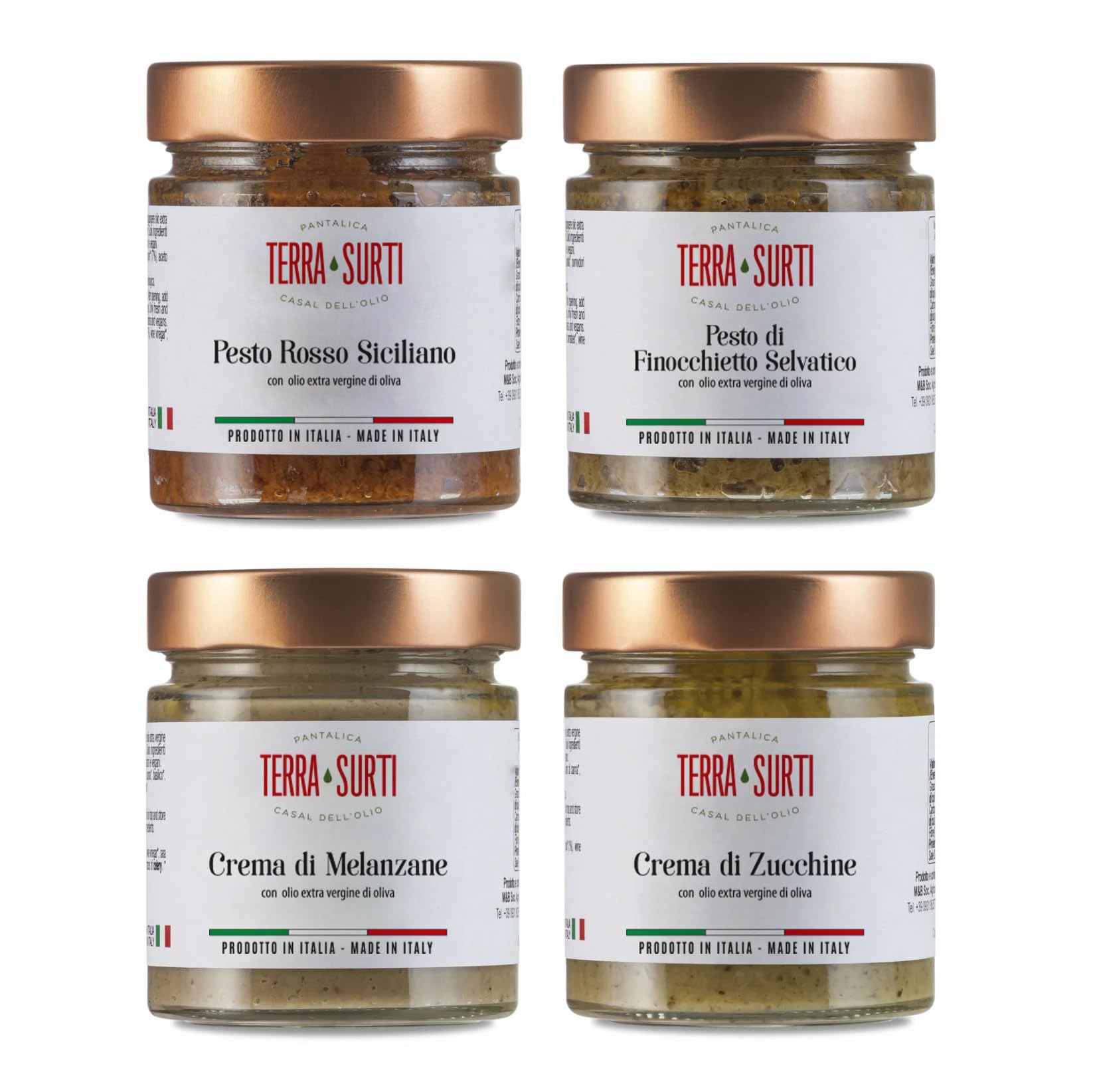 TERRA SURTI Selection de Pestos et Sauces Siciliennes, Assortiment de 4 Pots, 190 g Chacun.