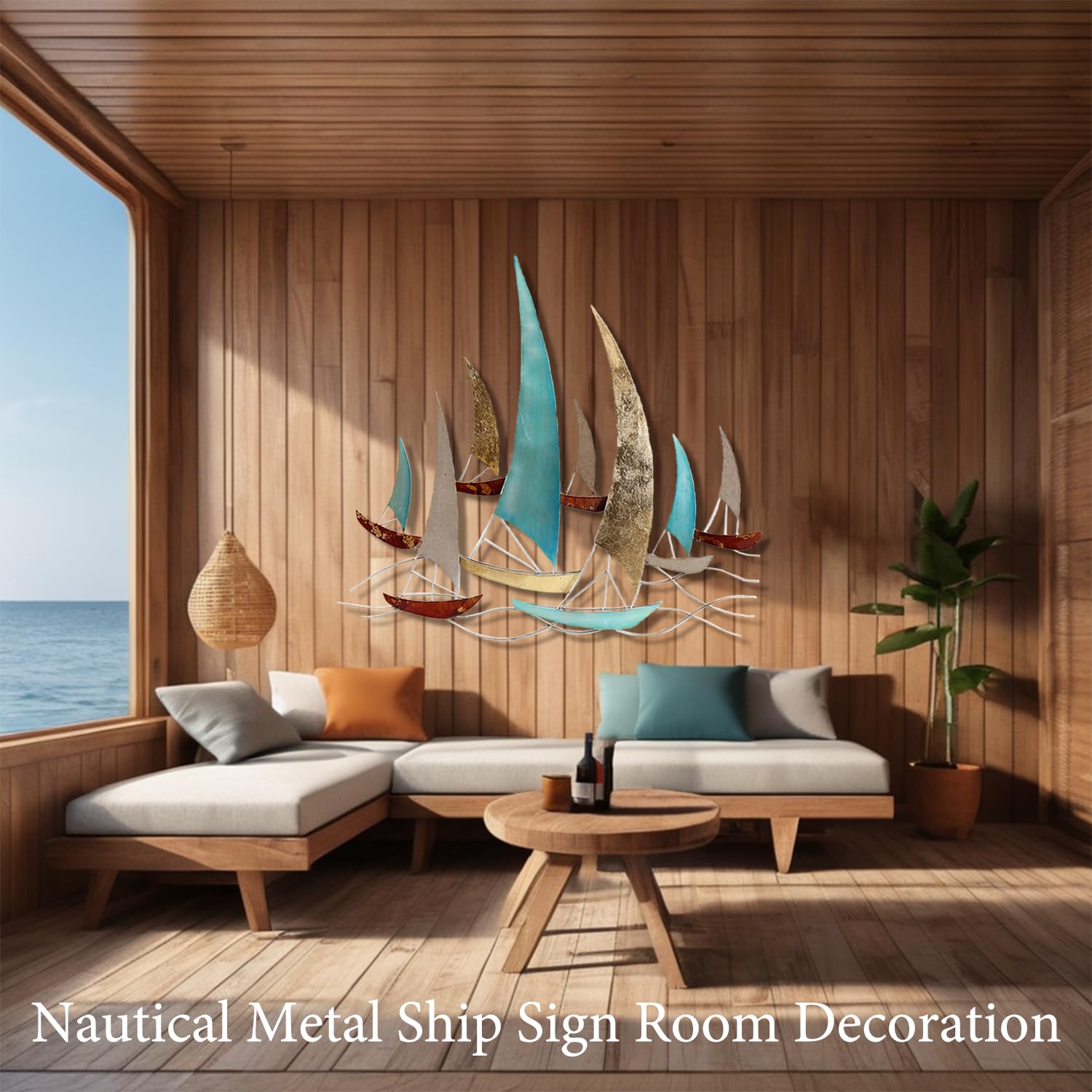 Decorazione murale in Metallo a Forma di Barca a Vela, 33" x 31" Extra Large, Decorazione murale in Metallo costiera, per Soggiorno, Spiaggia, Oceano, Esterno,Retro