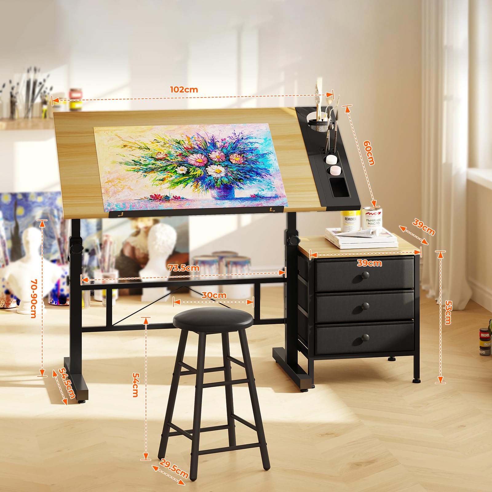 Mesa de Dibujo con Altura Ajustable, 0-60° Tablero Inclinable, Mesa de Pintura Arquitecto Estudio Dibujo Escritorio para Computadora con Taburete para Oficina Casa (Madera con Cajón)