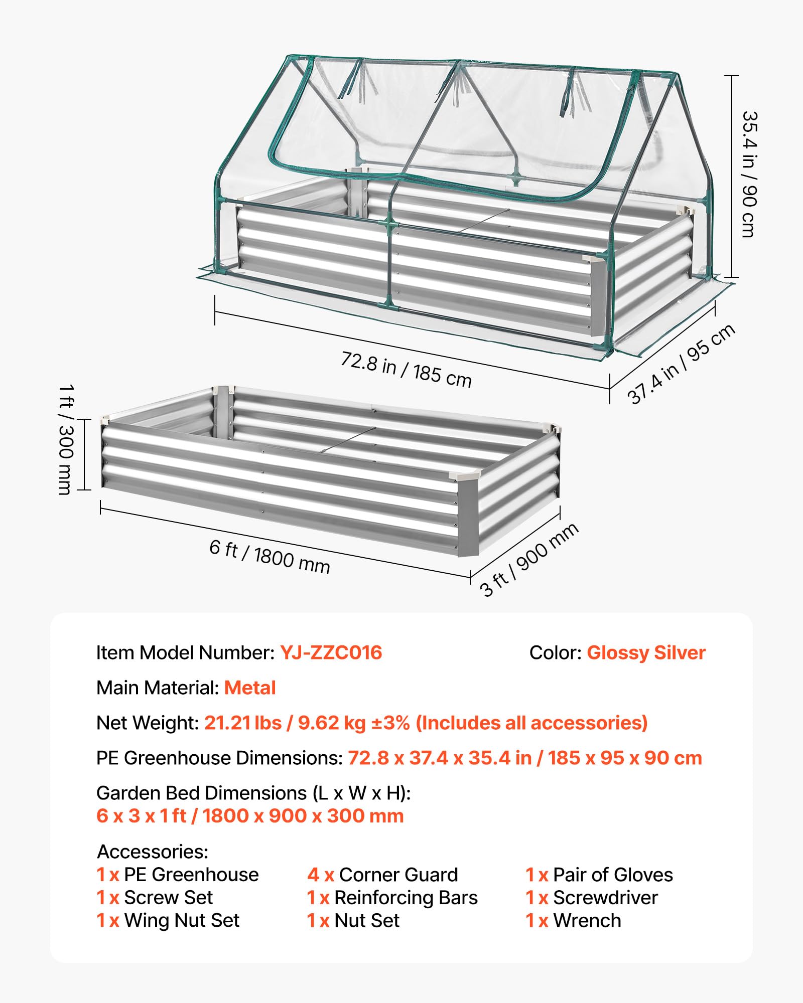VEVOR Fioriera Rialzata con Copertura 1800x900x300 mm, Aiuola Rialzata Rettangolare per Giardinaggio in Metallo da Esterno Fioriera Serra per Coltivazione Fiori Verdure Piante Orto Giardino