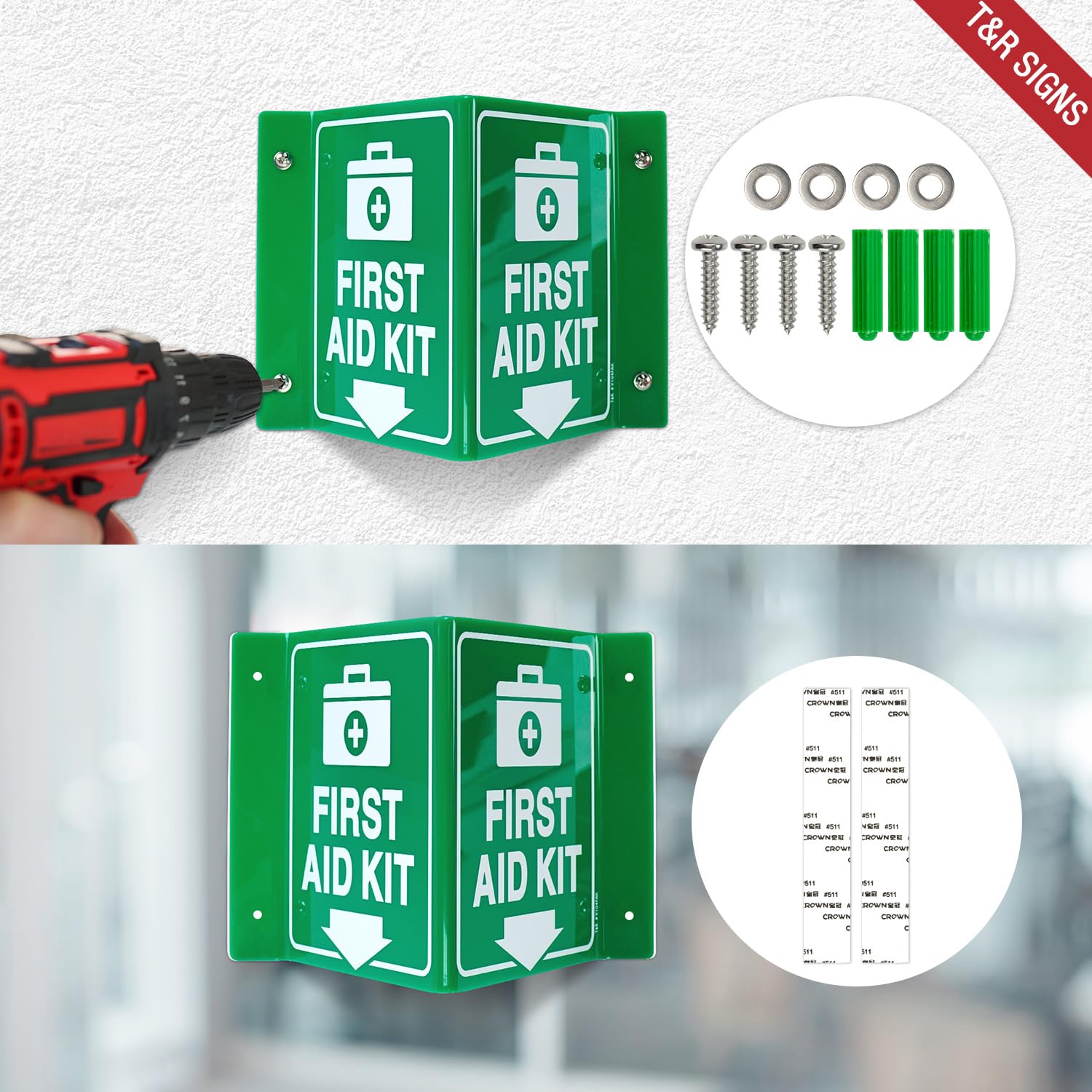 T&R Kit di primo soccorso, kit di primo soccorso con freccia verso il basso, confezione da 4, 20,3 x 15,2 cm, acrilico, 4 fori preforati, include viti abbinate, uso per ufficio/lavoro
