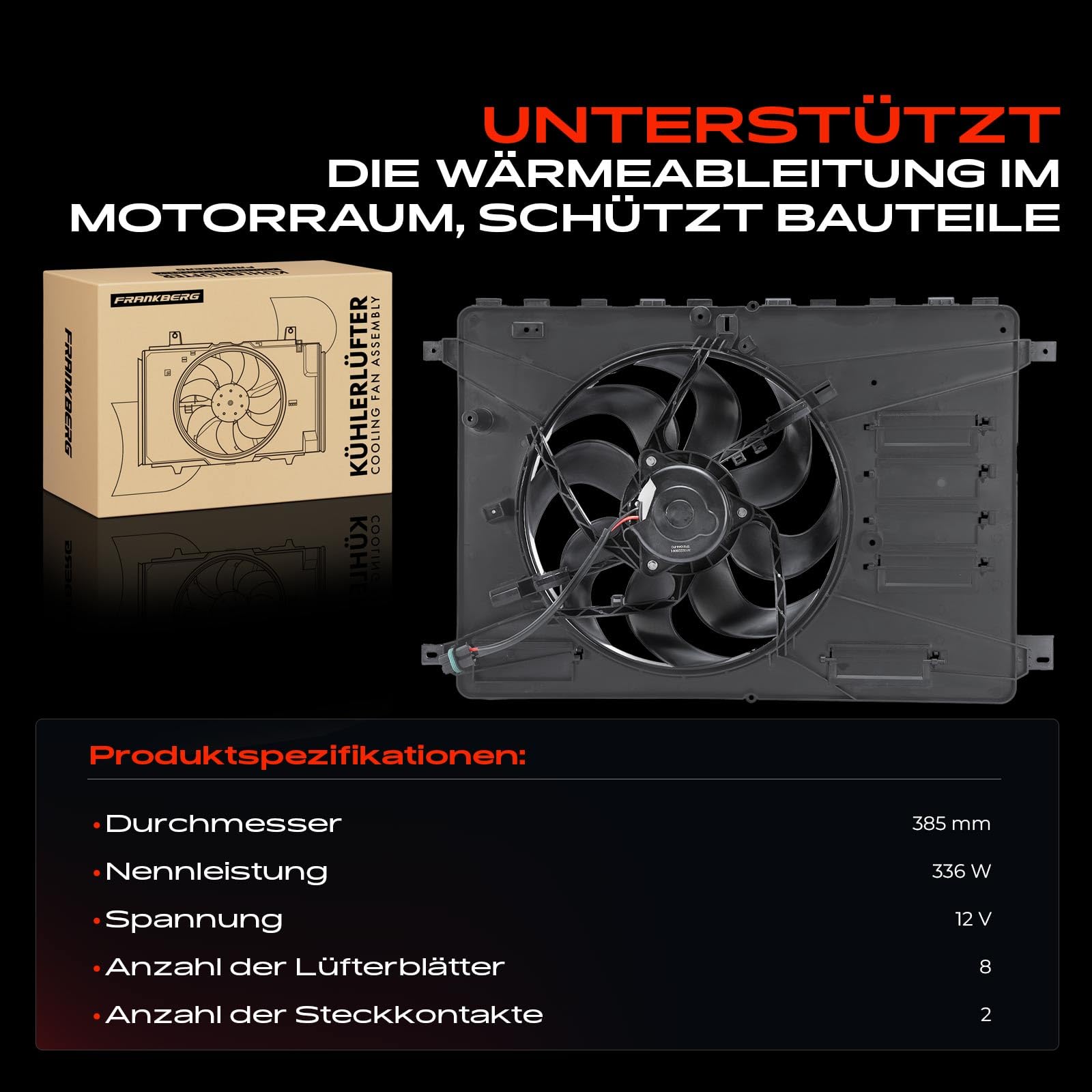 Frankberg Lüfter Motorkühlung Kühlerlüfter Kompatibel mit Galaxy WA6 2.0L-2.3L 2006-2015 Mondeo IV BA7 2.0L-2.5L 2007-2015 S-Max WA6 2.0L-2.5L 2006-2014 Replace# 810-0044