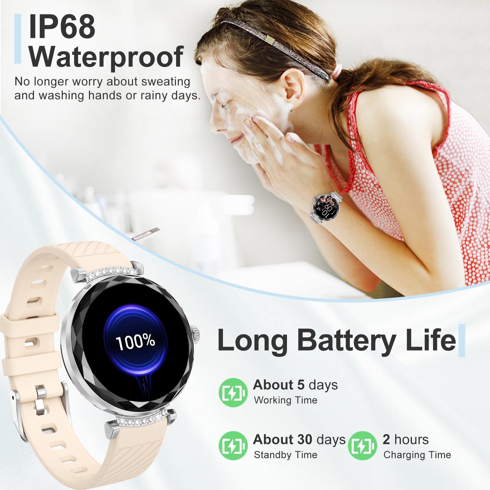 Inteligentny zegarek dla kobiet, odbieranie/nawiązywanie połączeń, 3.0 cm AMOLED Smartwatch z Bluetooth do telefonów z systemem Android, iOS, wodoodporny monitor aktywności IP68 z licznikiem