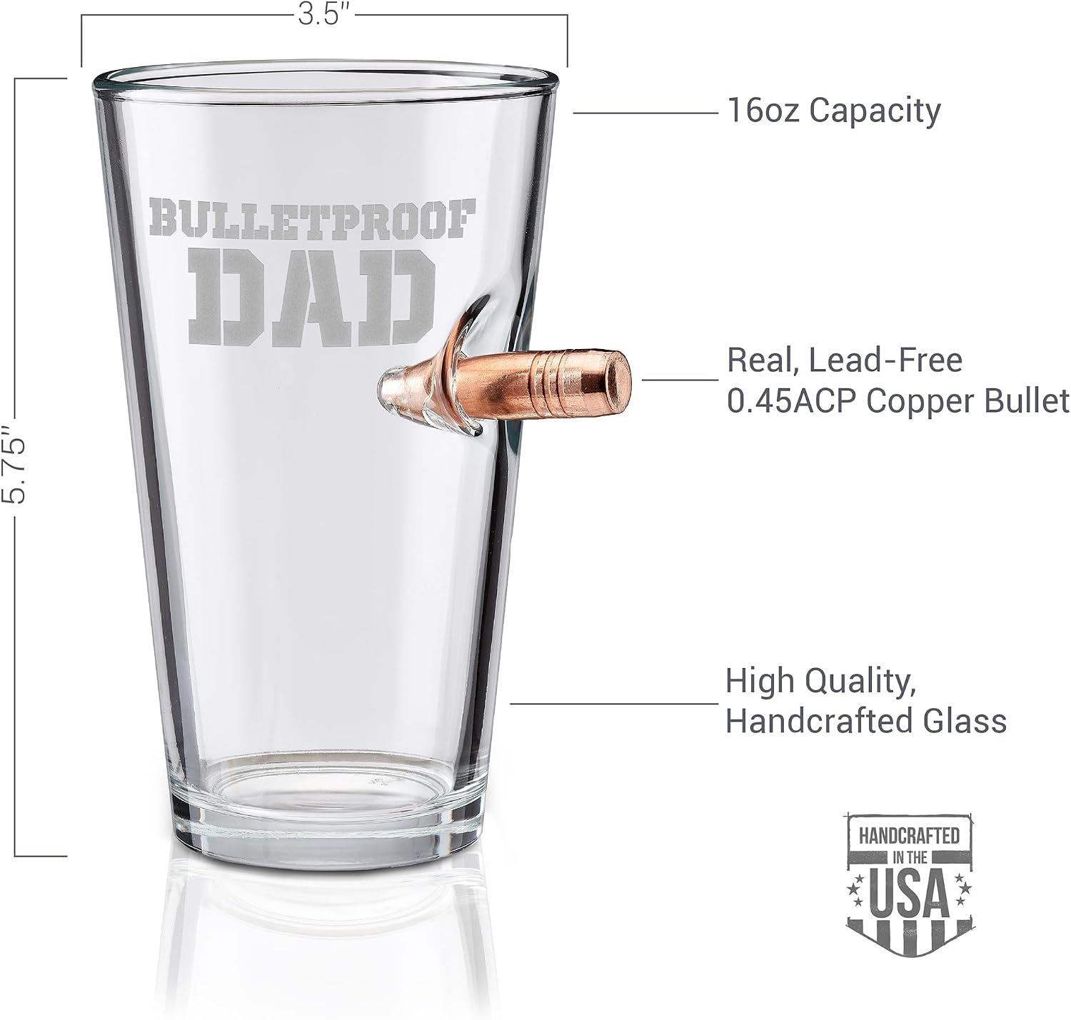 BenShot Bulletproof Dad Pint Glass with Real 0.50BMG Bullet - 16oz | Made in the USA