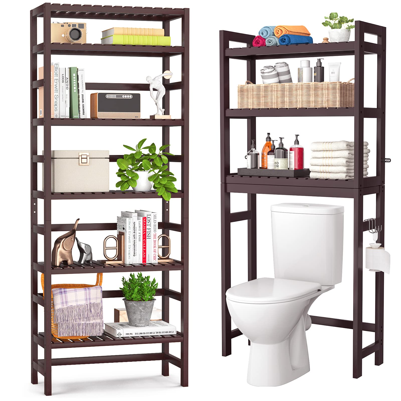 HomykicBamboo Over The Toilet Storage Shelf and 6-Tier Adjustable Bookshelf Bundle, Espresso