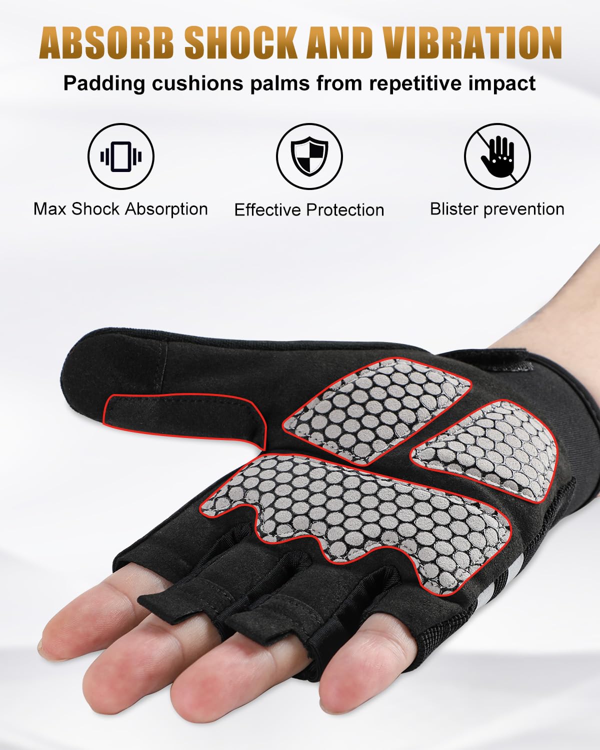 Guantes acolchados de gel de medio dedo para silla de ruedas (negro, L)