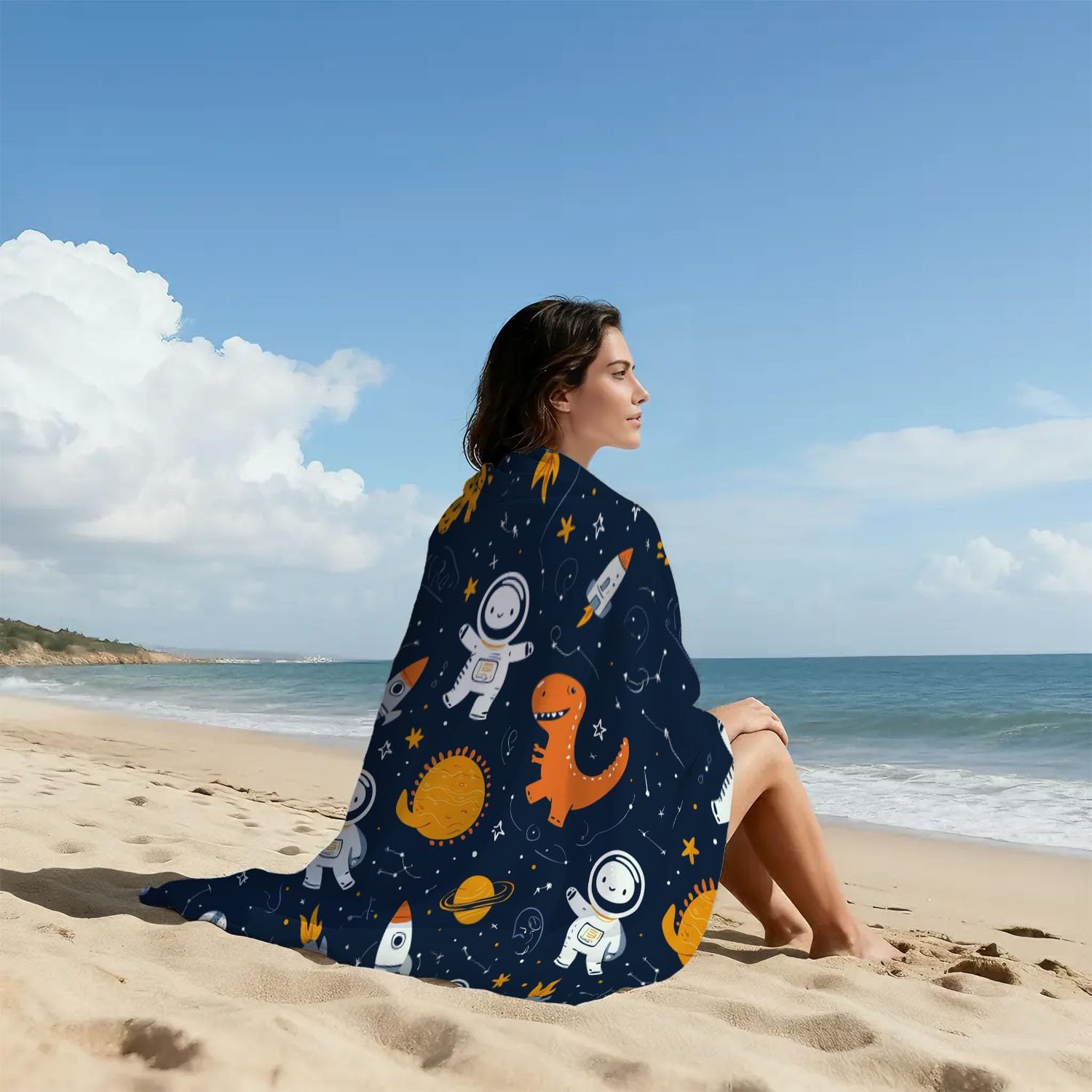 Lustig, Cartoon Strandtuch 200 x 145 cm – Saugfähiges Schnell trocknendes Strandtuch Raumanzüge, Dinosaurier, Raketen, Weltraum für Campen, Picknick, Ausflüge