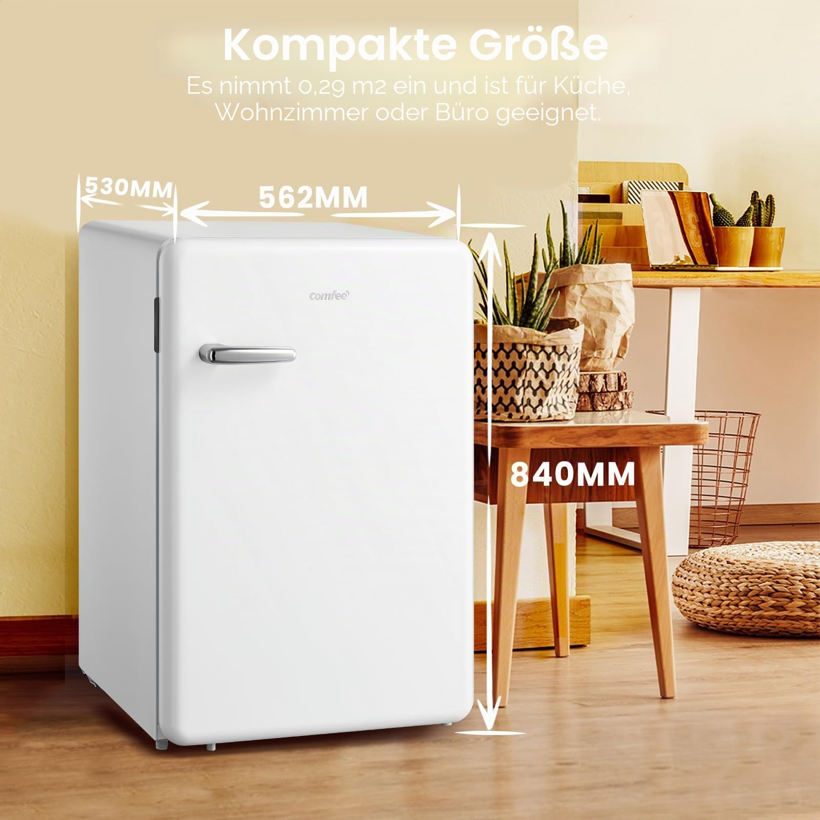 COMFEE' RCD113WH2RT(E) Kleiner Kühlschrank mit Gefrierfach, 116 Liter, Retro-Design, Eintür-Kühlschrank, einstellbare Temperatur, geeignet für Schlafzimmer, Büro und Hotel, LED-Licht, leise, weiß