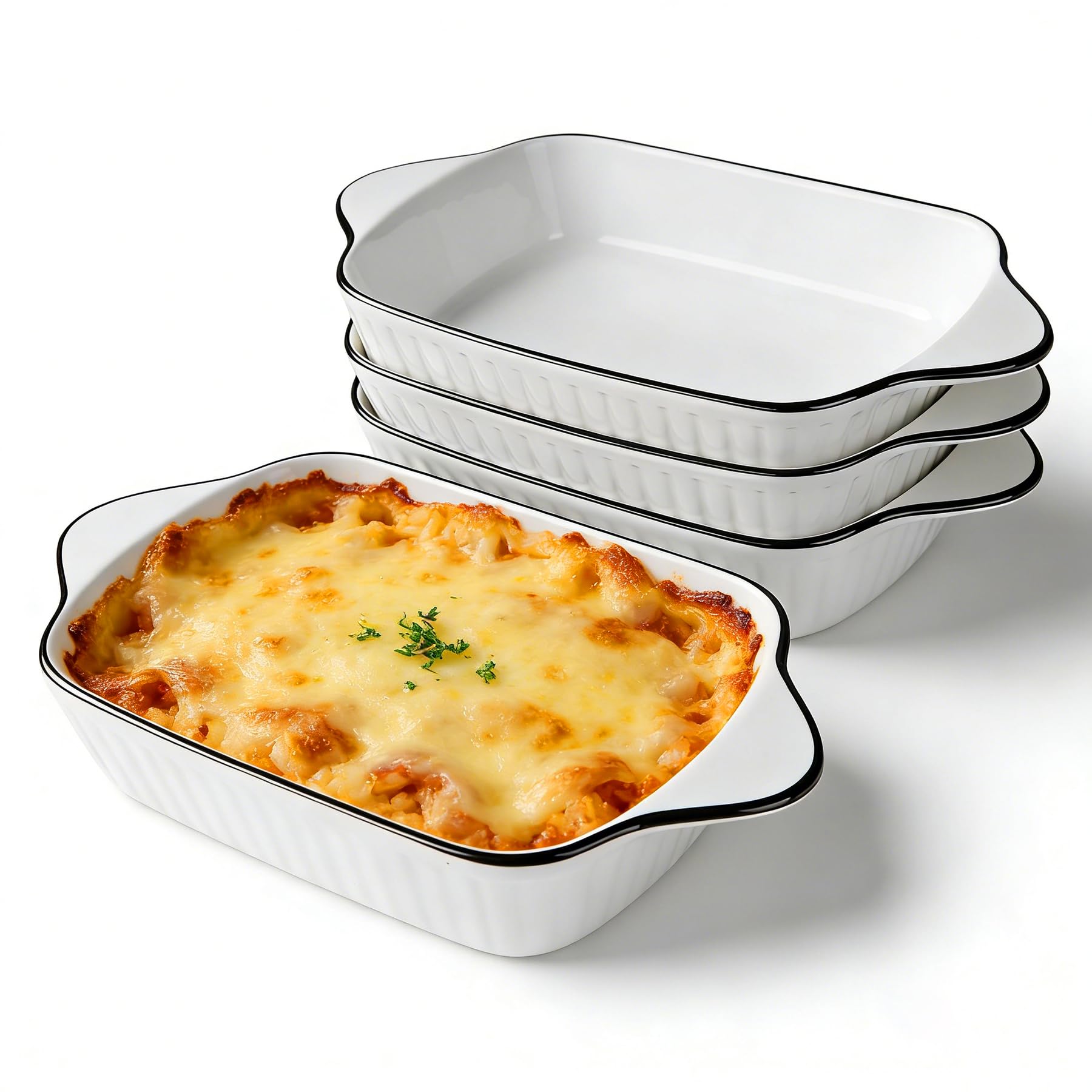 Juego de 4 cazuelas pequeñas de cerámica de 34 onzas, plato rectangular para lasaña de 1000 ml con asas, apto para hornos y microondas, tamaño compacto ideal para gratinados, platos de pasta
