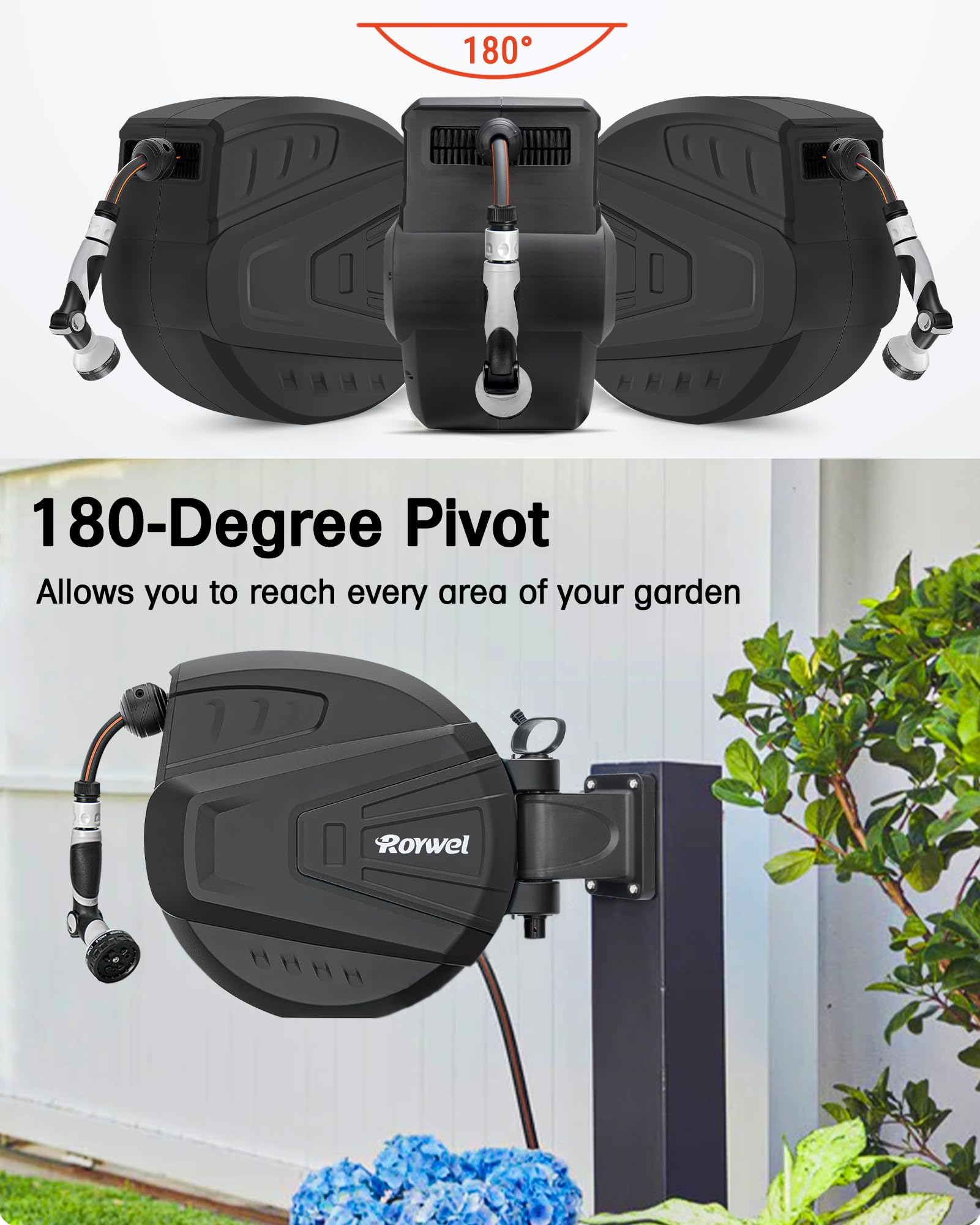 Manguera de jardín con carrete automático de 20 m, carrete de manguera montado en la pared, rebobinado automático, sistema de autobloqueo, pivotante de 180° con boquilla de pulverización