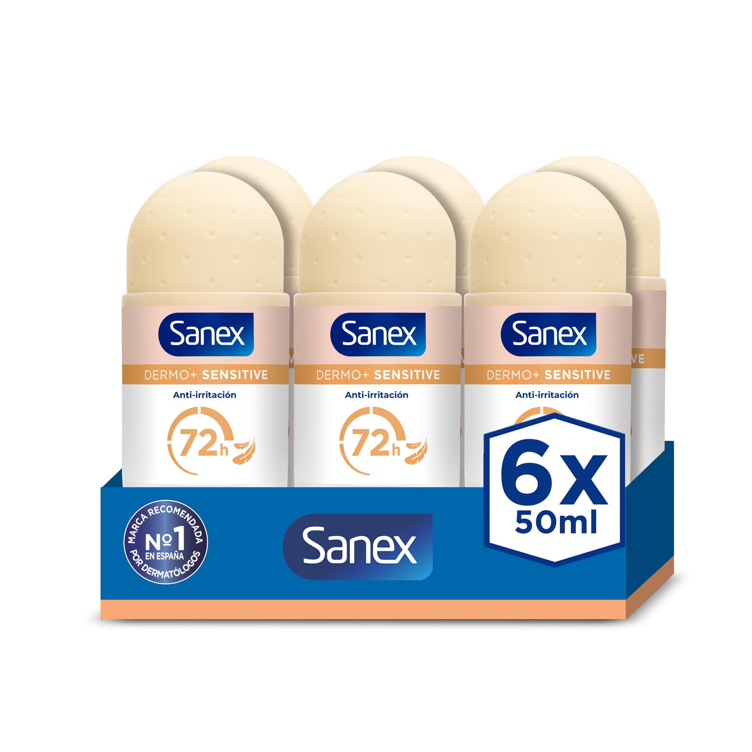 Sanex Dermo+ Sensitive Desodorante Antitranspirante Roll-On 72 Horas Pack 6 x 50ml - Protección eficaz contra el sudor y el mal olor – Dermatológicamente testado – 0% alcohol* - Para piel sensible