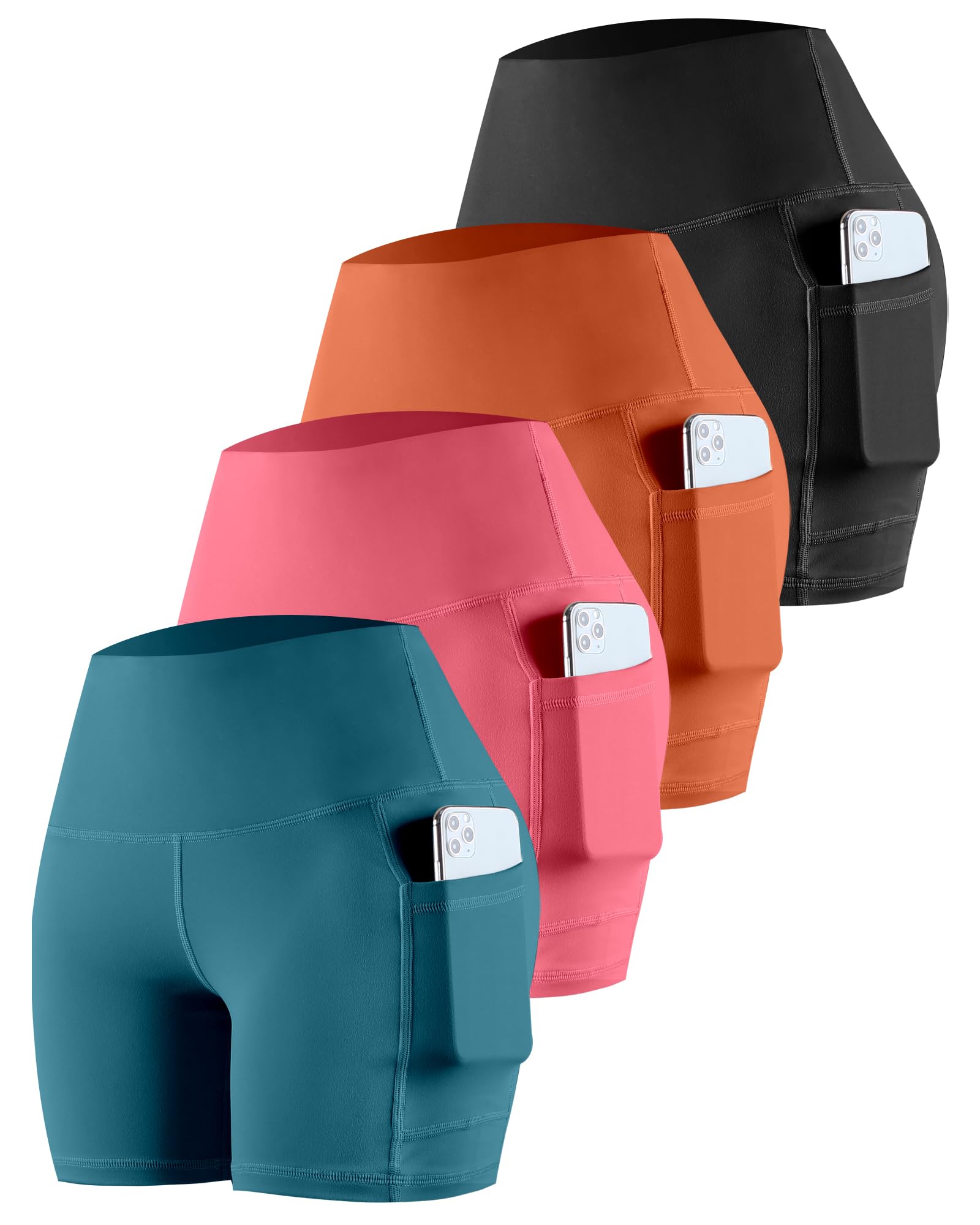 CHRLEISURE Womens Biker Yoga Shorts with Pockets: High Waisted Tummy Control Spandex Workout Athletic Gym Shorts 4 Packs