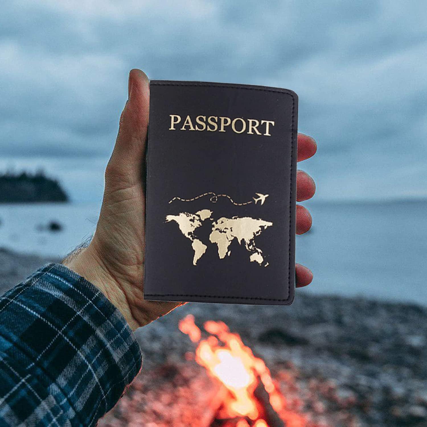  | 2 Packs Couple Passport Holder, Cute Map Passport Case with Luggage Tags, PU Leather Passport Cover Blocking Cards, Travel Wallet Document Book Organizer Essential Travel Accessories, Black.White | Passport Covers