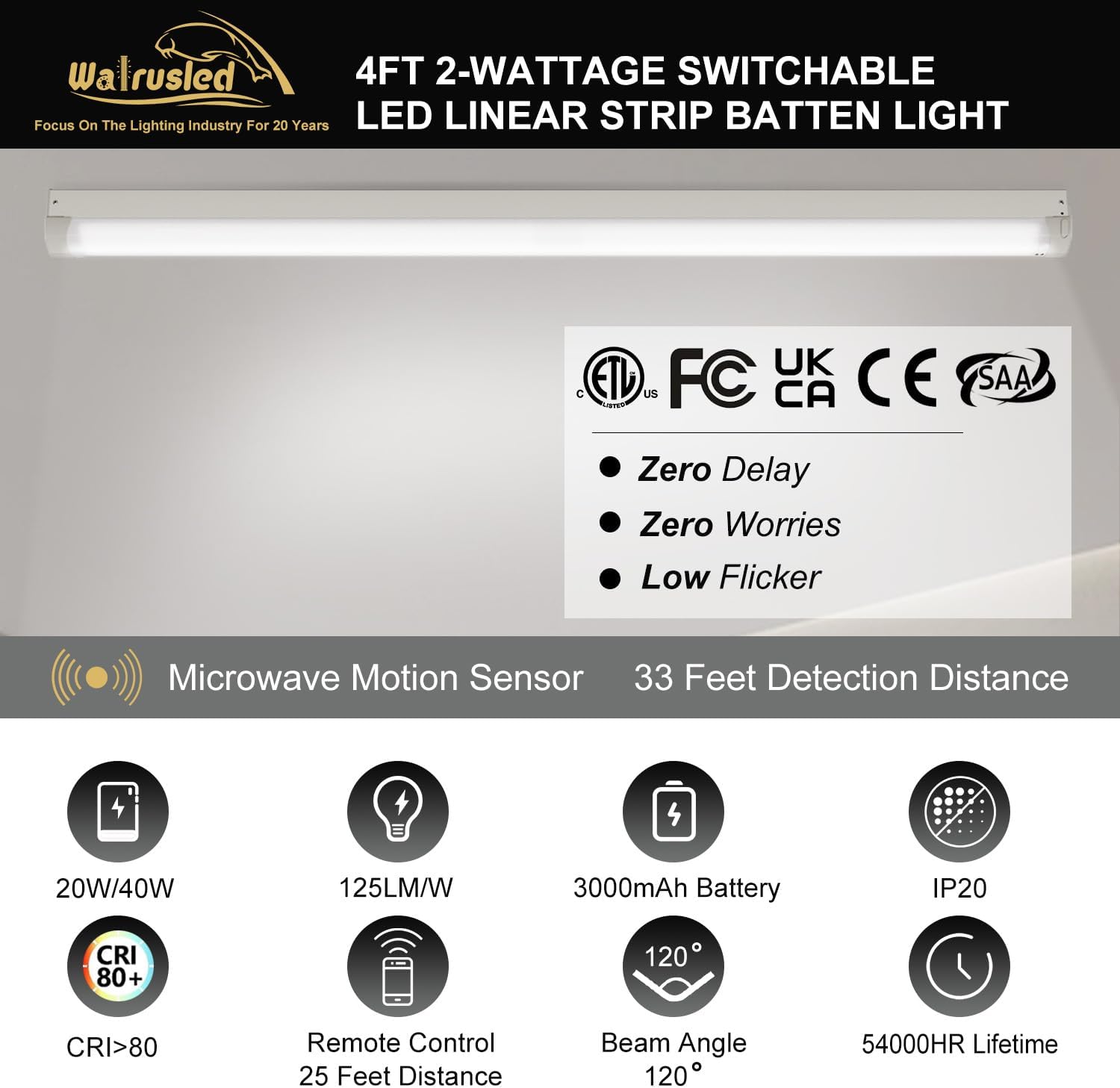 4FT Tri-Level Motion Sensor LED Linear Strip Emergency Stairwell Light w/Remote, 20W/40W 2500lm/5000lm, Battery Backup, 5000K IP20, 100-277V, Dimmable 4 Foot Commercial Shop Ceiling Light Fixture, ETL