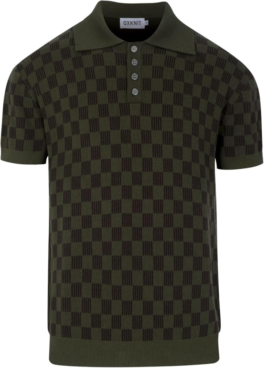 OXKNIT Knit Men's Polo Shirts Short Sleeve Vintage Brown Checkered Pattern Casual Golf Shirt Tops with Quarter Button