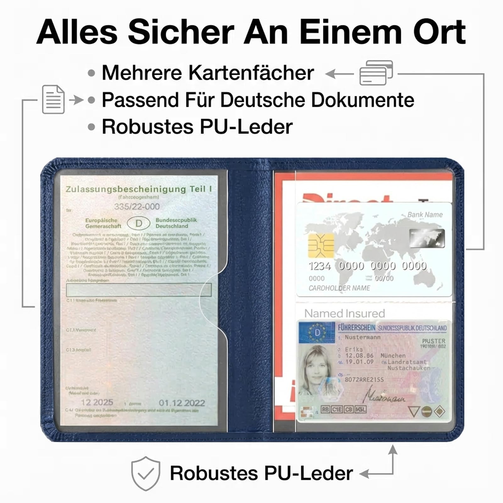 Caweet Soporte para registro de coche y seguro – Organizador de guantera de coche – Portadocumentos de cuero para carné de conducir, carné de identidad y tarjetas, azul-1