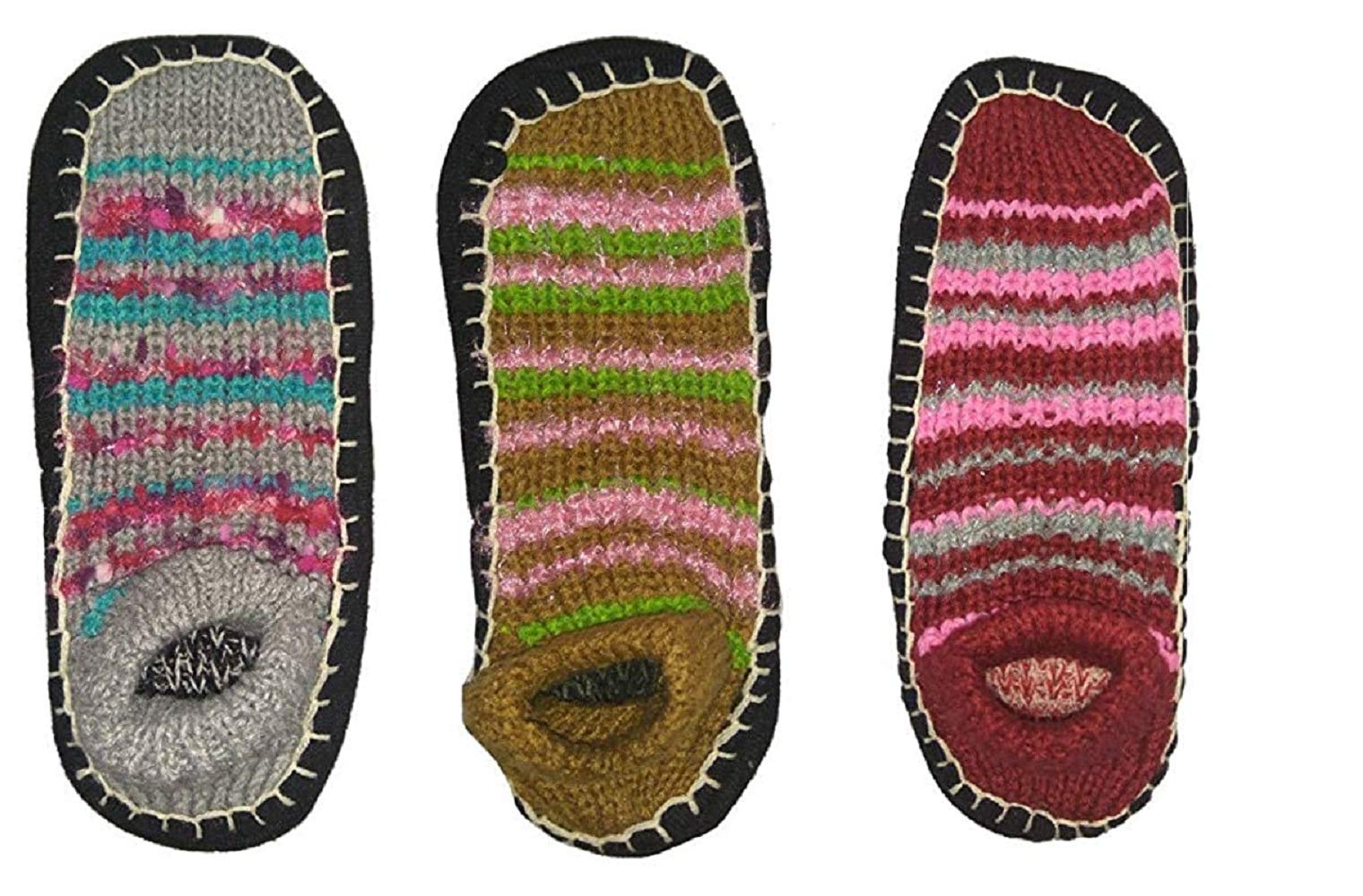 HRBSHand-made Warm Winter Ankle Length Slipper Socks for Men's & Women's Multi-Coloured Warm Knitted Booties Slipper Socks Warm Socks for Indoor use - Soft Rubber Sole - 3 Pairs- fit size 5-7