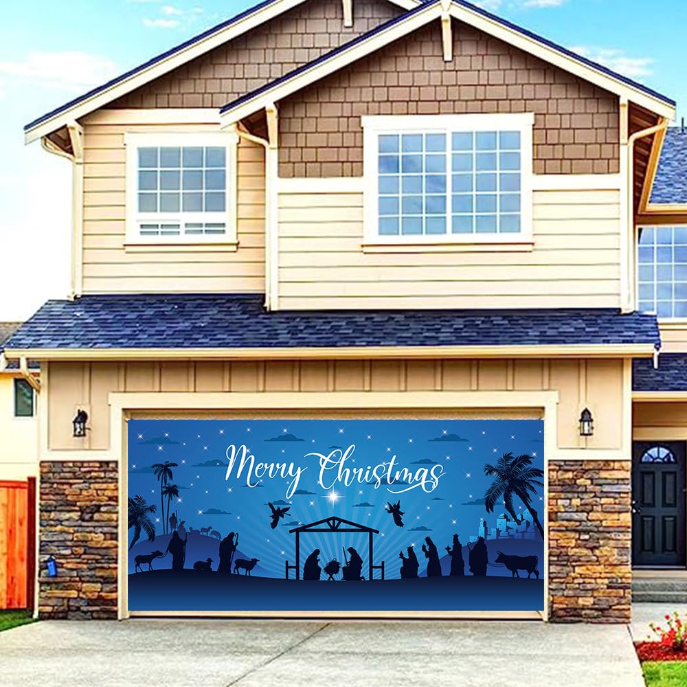 DOTOOMA 6 x 13 FT Holy Nativity Merry Christmas Holiday Garage Door Banner Yard Sign Barn Birth of Jesus Nativity Scene Religious Blue Decoration for Santa Outdoor Home Wall Decorations