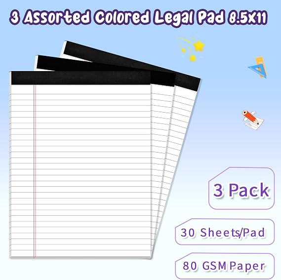 3 Pack Legal Pads 8.5 X11, Wide Ruled Notepads, White Note Pads 8.5x11