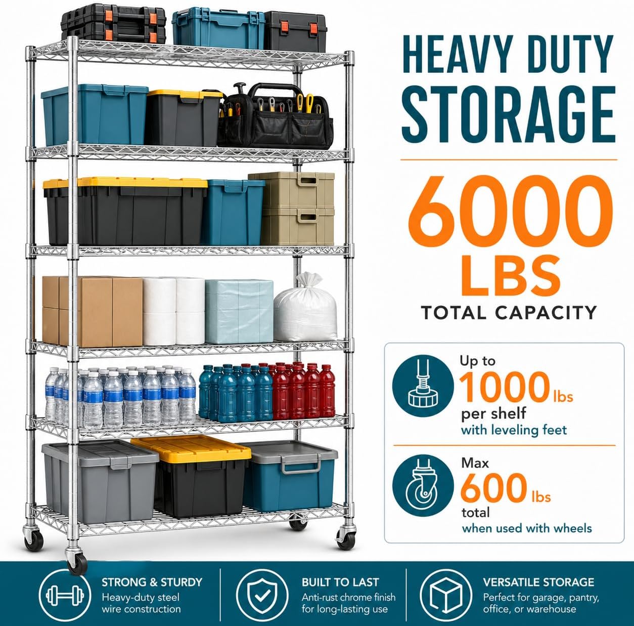 6-Tier Heavy Duty Wire Shelving Unit with Wheels or Leveling Feet, 6000 LBS Total Capacity, Adjustable Metal Storage Rack for Garage, Pantry, Kitchen, Basement, 48" W x 18" D x 76" H, Chrome