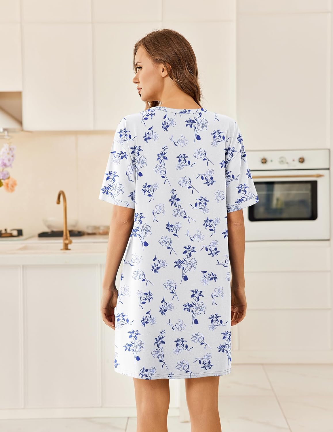 Ekouaer Cotton Nightgowns for Women Short Sleeve Sleep Shirts Crew Neck Night Dress Nightshirt with Pockets S-2XL - Image 4