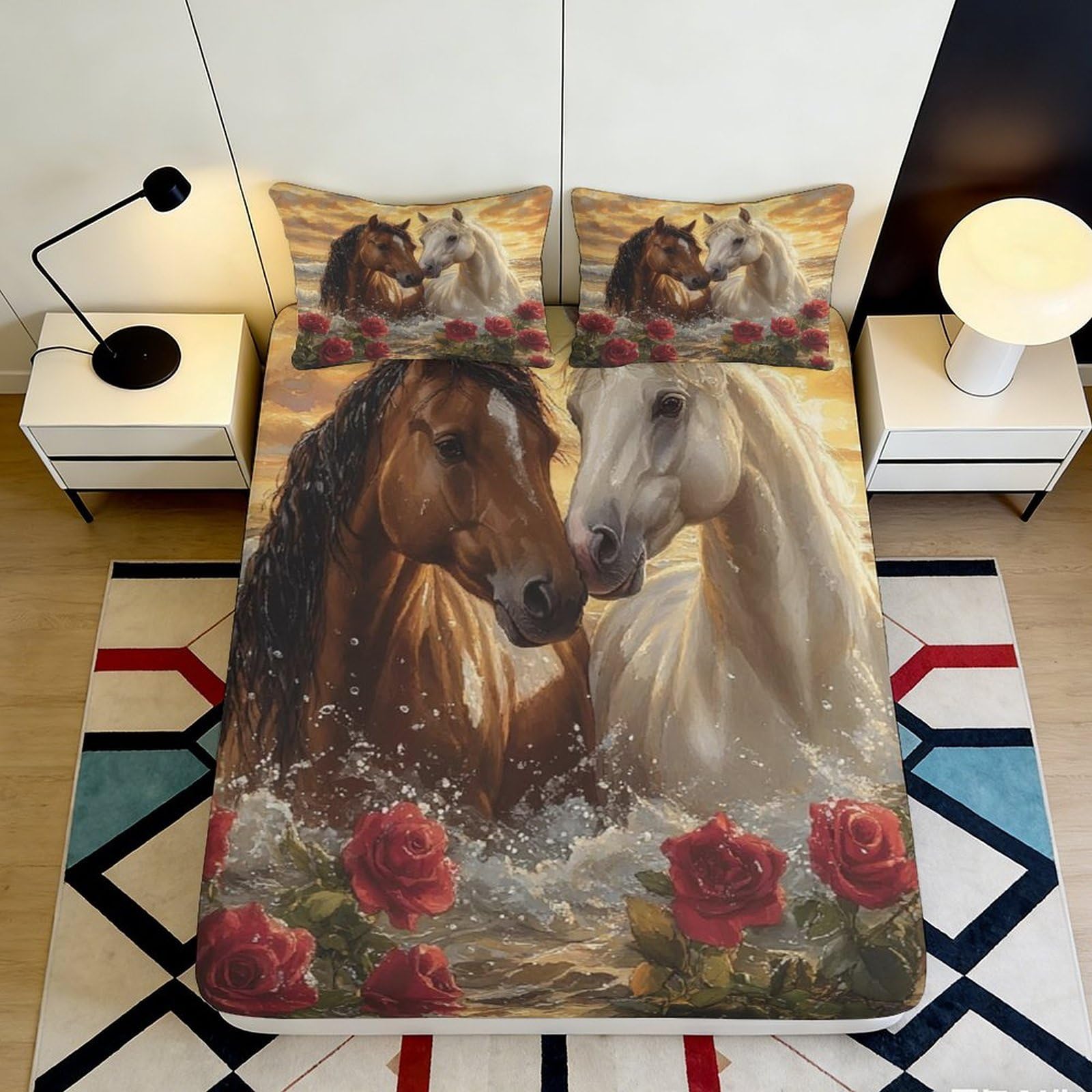Jqzkxnhpbr Style-4 3D Printed Romantic Horse Fitted Sheet Microfiber Soft Floral Bed Cover For Bedroom Guest Room Decor Protection 90X200x25cm