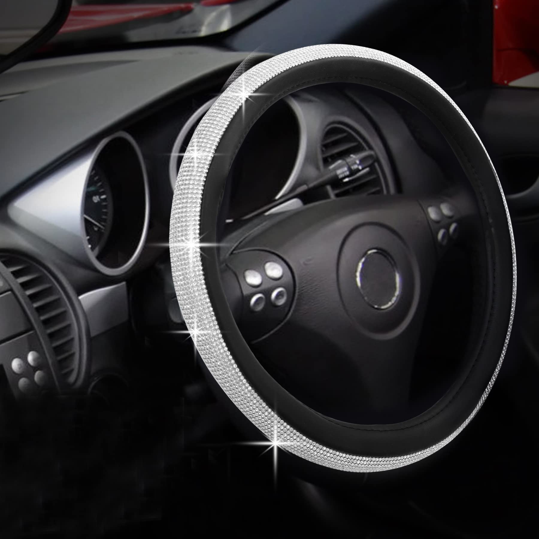 Photo 1 of Diamond Leather Steering Wheel Cover, Steering Wheel Cover Sparkling Crystal Rhinestones, Ideal Shining Car Accessories for Women, Universal Fit 15 Inch Protector for Car Steering Wheel