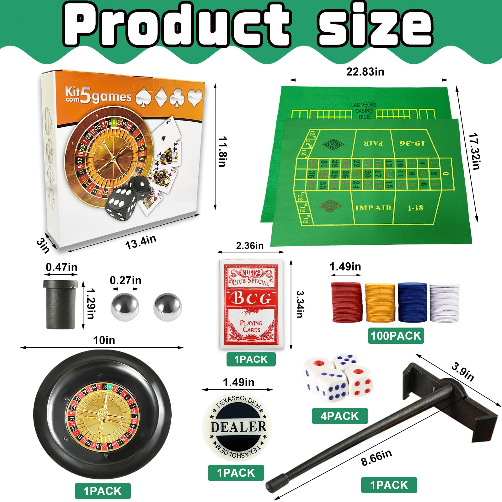 Jeu de roues de roulette professionnelles de 10 pouces, avec 100 jetons, 3 tapis de table de jeu différents, râteau et balle, jeux de casino adaptés pour la roulette et le Texas Hold'em