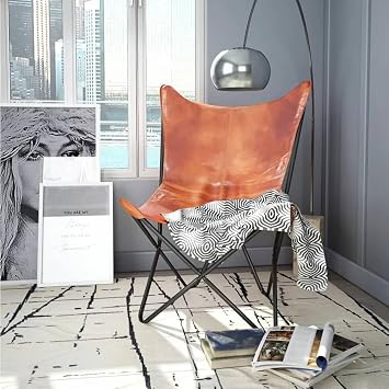 Gecheer Vintage Butterfly Chair in Brown Real Leather with Powder-Coated Iron Frame Lightweight, Ergonomic Indoor Accent Chair for Living Room or Bedroom