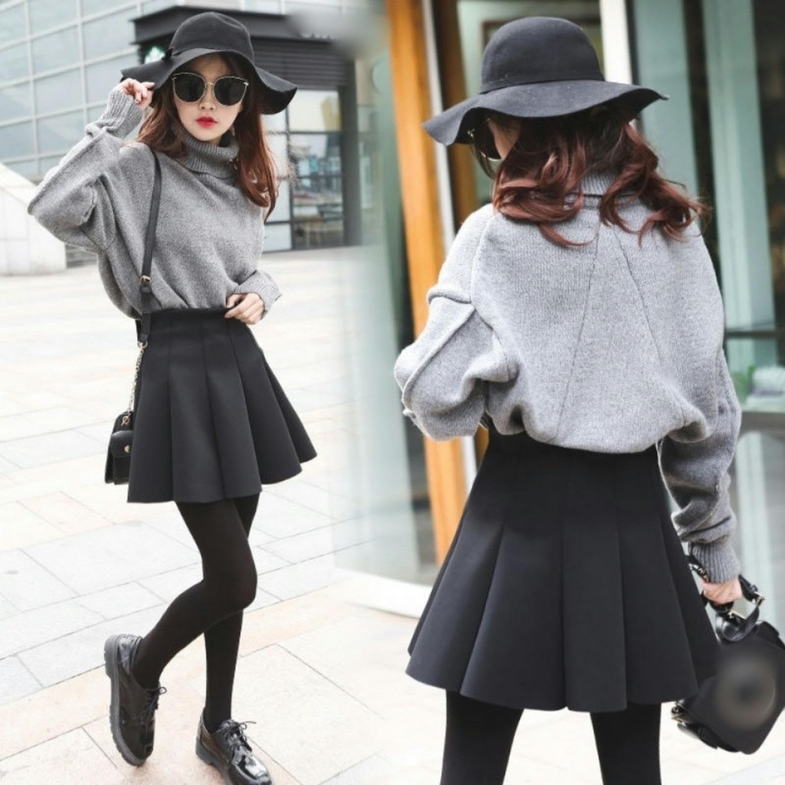 Gonna Gonna Corta Donna Autunno E Gonna Inverno Gonna Gonna Pieghettata di Grandi Dimensioni Gonna in Vita Alta-Nero-XXL
