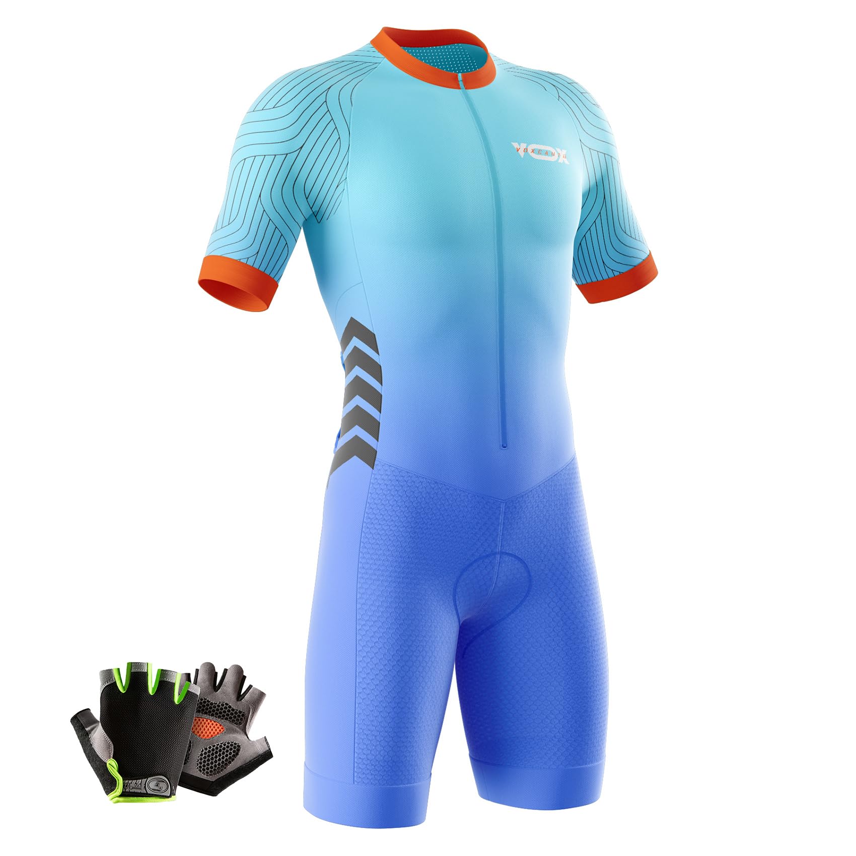 Herren Fahrrad Skinsuit,Kurzarm-Radsportanzug,Gepolstert einteilig Trisuit Bike Short Trisuit Einteiler für Wettkampf,+Halbfinger Sommer Fahrradhandschuhe