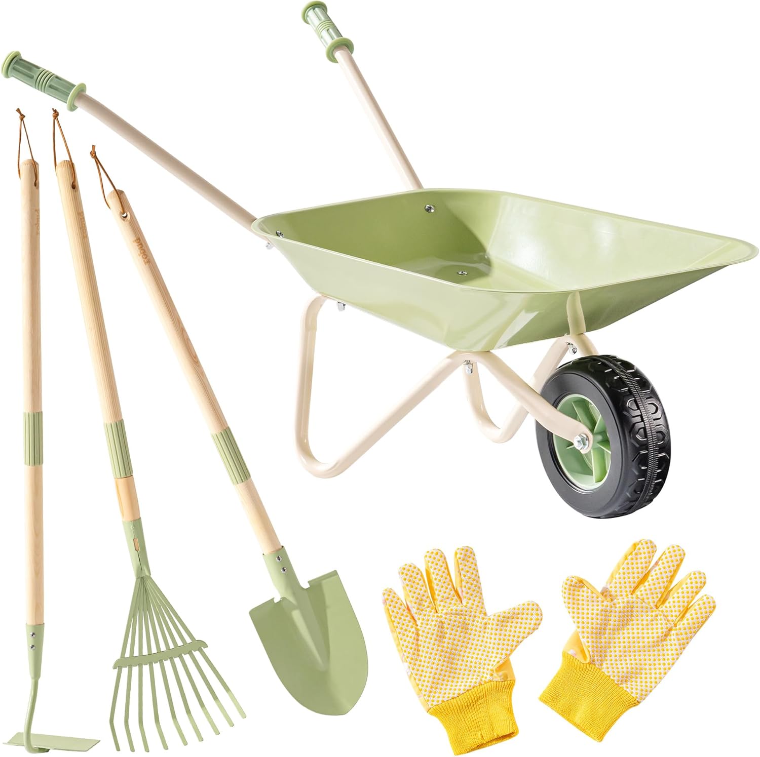 ROBOTIME Kids Wheelbarrow Set, 5PCS Kids Gardening Tool Set with Metal Toy Wheelbarrow, Shovel, Hoe, Broom & Gloves, Outdoor Yard Play for Planting, Sand, Leaves & Snow Fun, Gifts for Toddler 3+