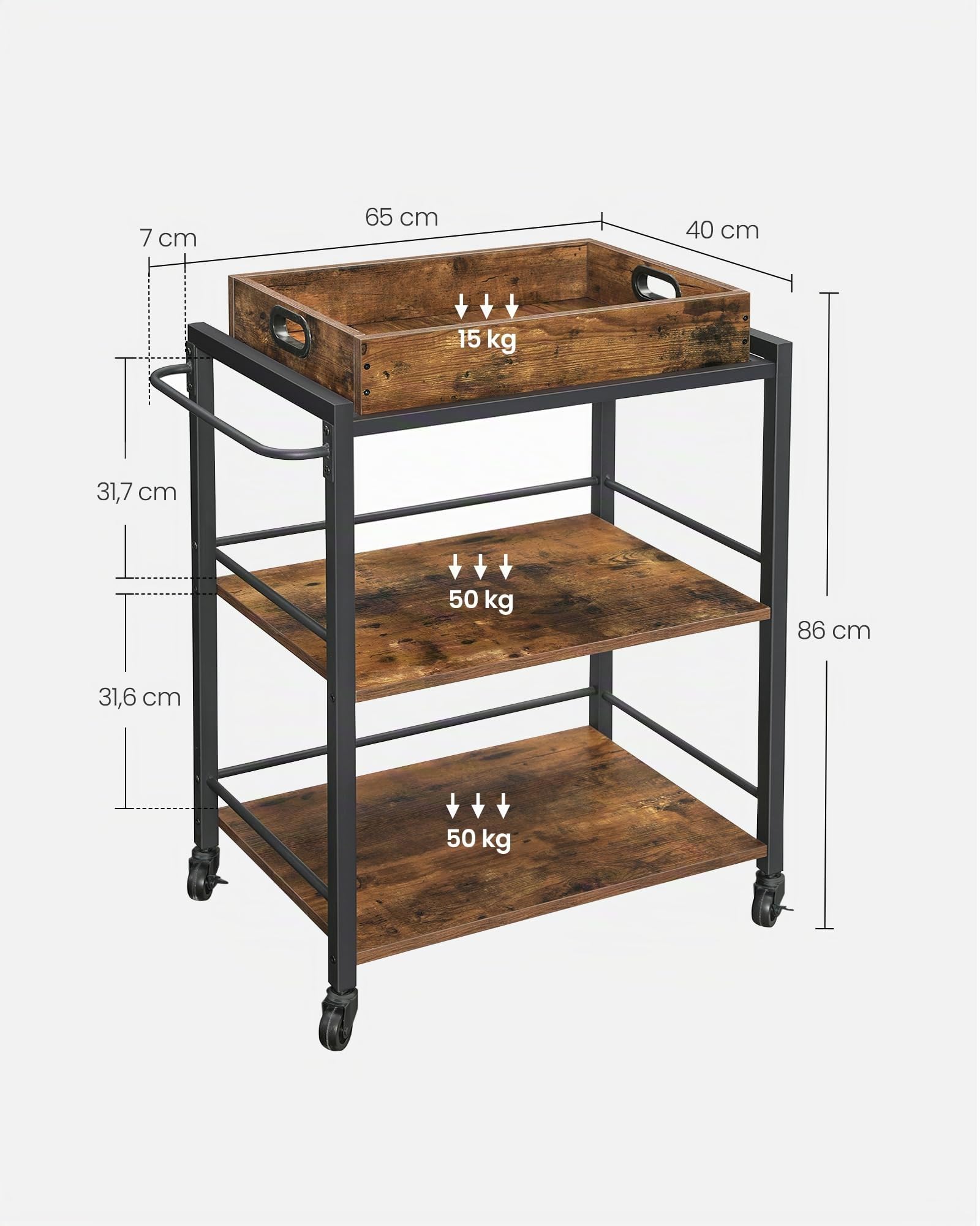 VASAGLE Carrello da Cucina con Vassoio Rimovibile, Carrello Portavivande Fisso o con Ruote, Struttura in Acciaio, Scaffale Cucina 40 x 72 x 86 cm, Marrone Vintage e Nero Inchiostro LRC72X