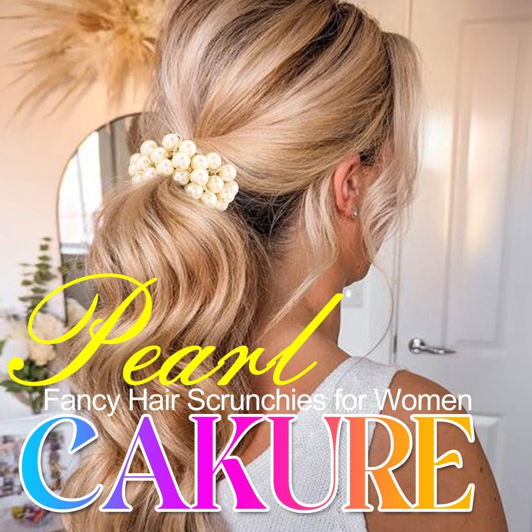 CAKURE Pearl Scrunchies Beaded Hair Ties Decorative Ponytail Holder Pearl Hair Accessories for Women and Girls (Pack of 3)