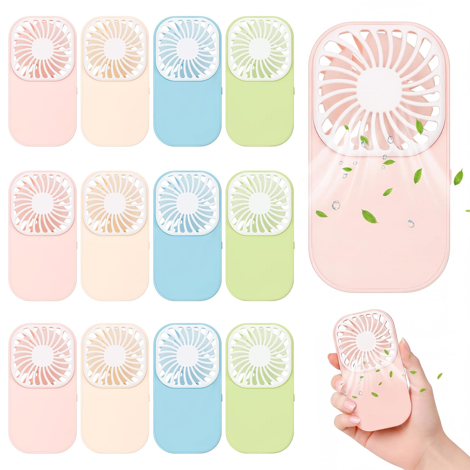 Lewtemi Paquete de 12 mini ventiladores portátiles a granel lindos de mano, ligeros, portátiles, pequeños y silenciosos, con cordón, funciona con pilas AAA, para viajes de verano, playa, interiores y