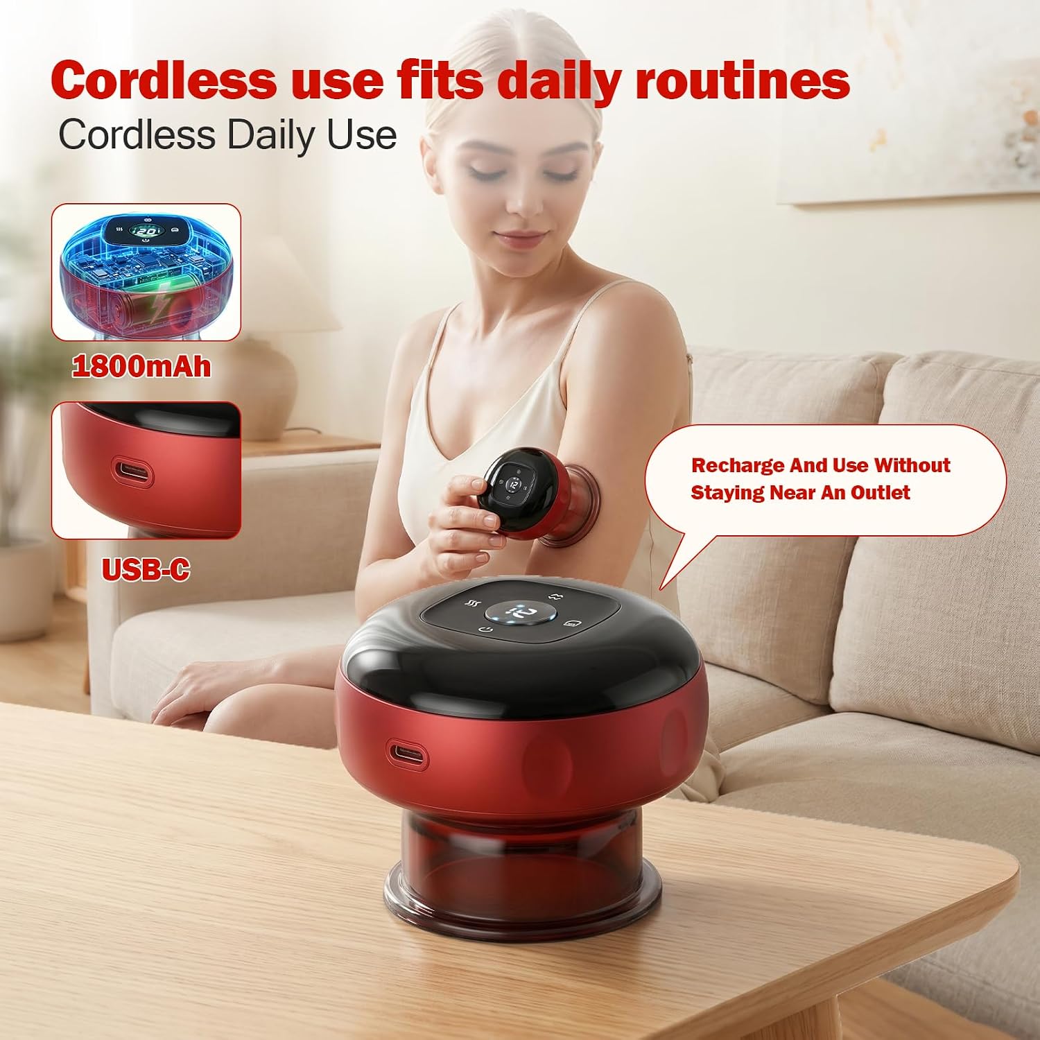 Electric Cupping Device, Cordless Cupping Massager with 12 Heat Levels, 12 Suction Levels, One-Touch Pressure Release, Red Light Feature, 1800mAh Rechargeable (1 Pack)