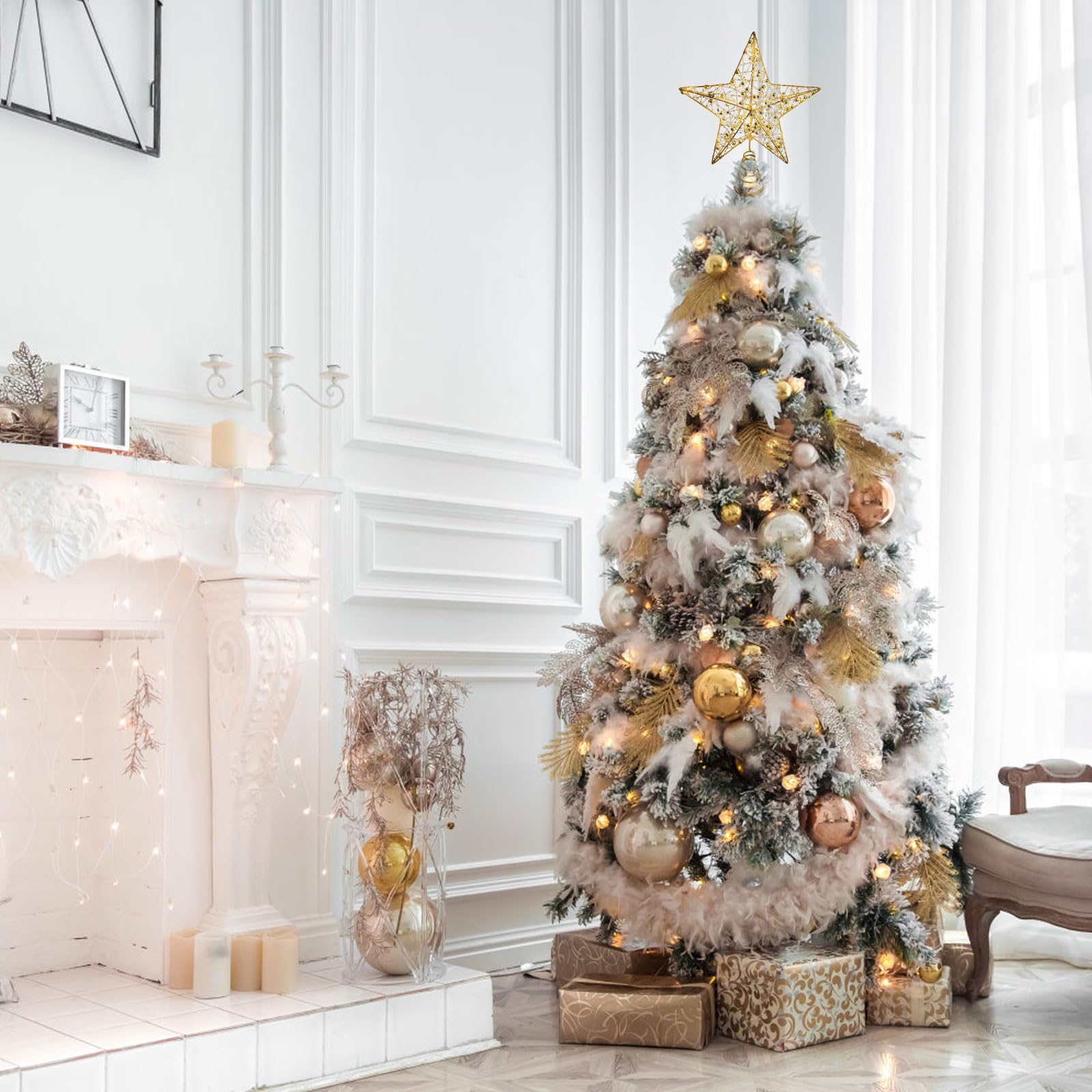 Cimier de sapin de Noël doré pailleté avec 20 lumières LED pour décorations de Noël, décorations de vacances, décoration d'intérieur - 25,4 cm
