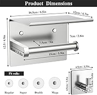 Vista 43 de Tindbea Toilet Paper Holder with Phone Shelf + Towel Robe Hooks, Adhesive or Screw Wall Mounted Toilet Paper Roll Storage, Stainless Steel Bathroom