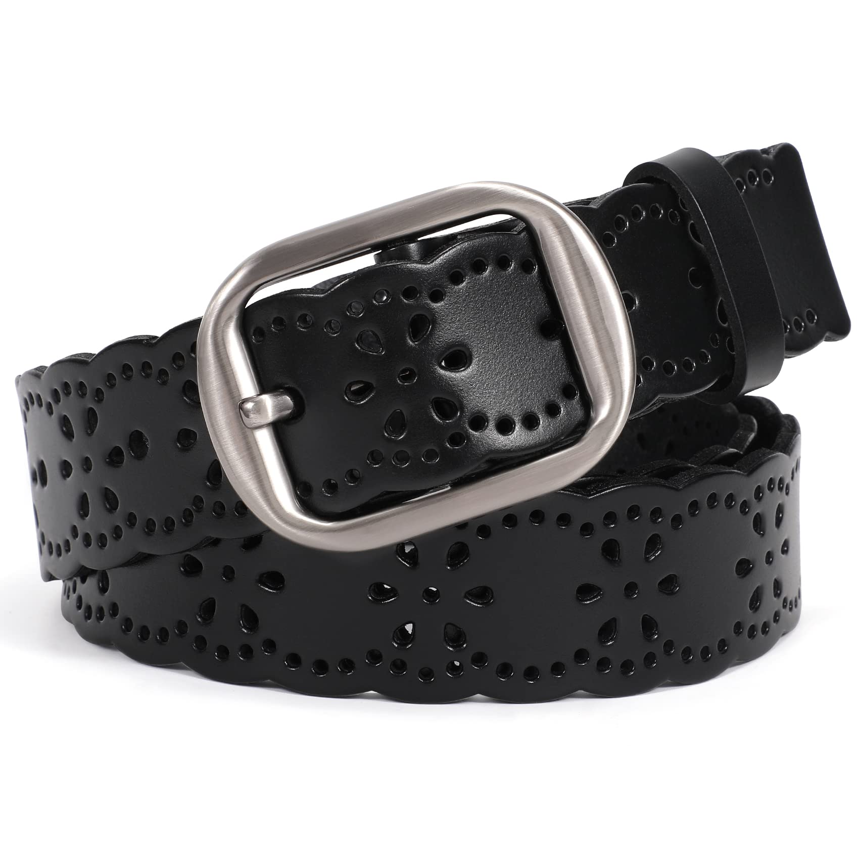 Womens Plus Size Genuine Leather Belt Hollow Flower Design with Pin Buckle