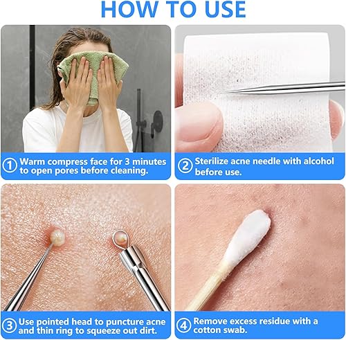 Miniatura 5 de Kit de 5 extractores de puntos negros, herramientas profesionales de acero inoxidable para eliminación de espinillas, acné y manchas, pinzas curvas