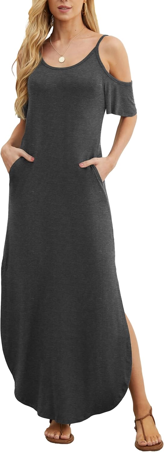 GRECERELLE Women Summer Maxi Dresses Casual Loose Strapless Strap Cold Shoulder Short Sleeve Split Long Dress with Pocket