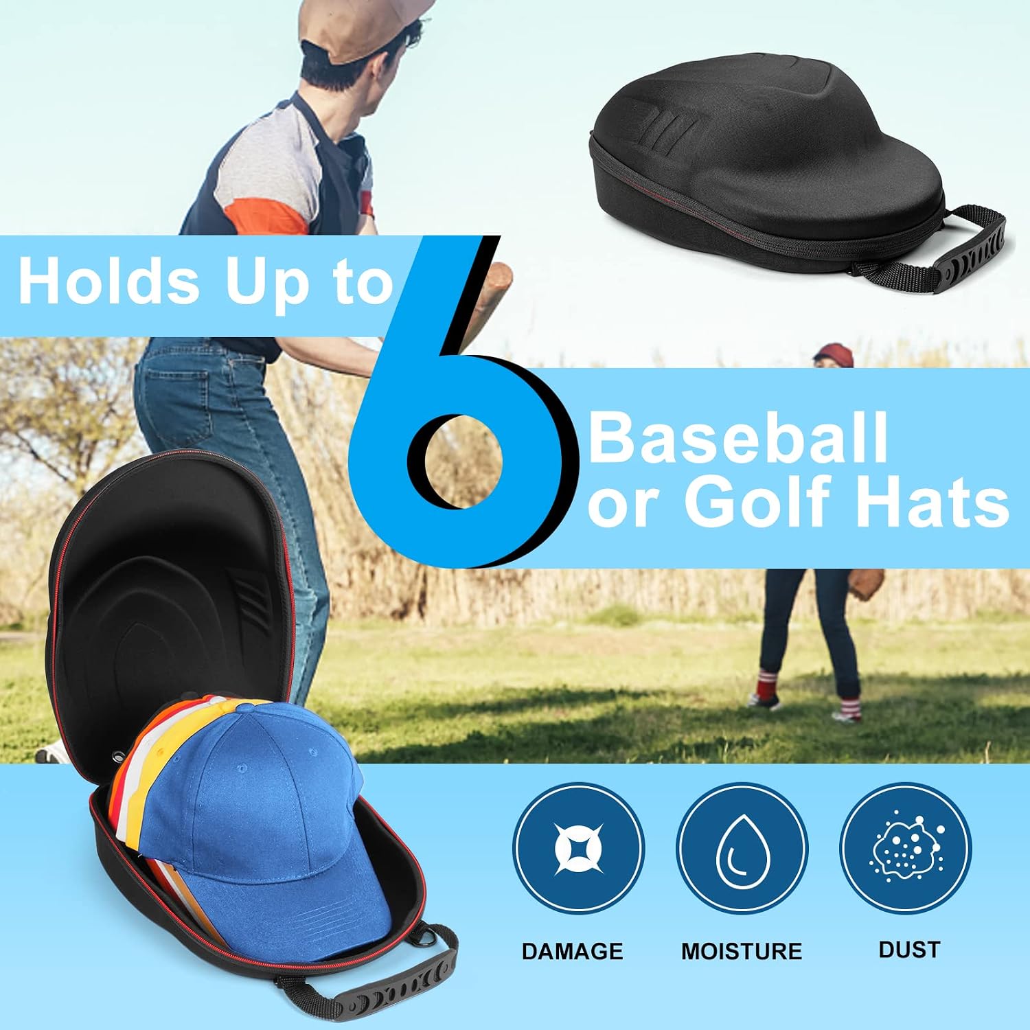 Hard Hat Case for Baseball Caps, Baseball Hat Organizer with Carrying Handle & Shoulder Strap, Hat Carrier Case for Travel, Baseball Hat Organizer Holder for 6 Baseball Caps, Black
