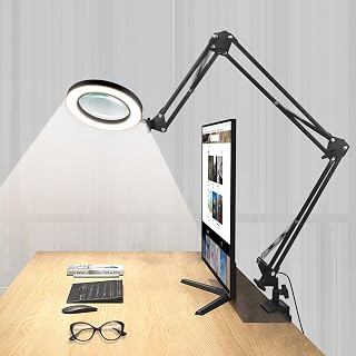 Toolour LED-Lupenlampe, 3-armig mit Licht, 8-fach HD-Lupe mit Klemme, bewegliche Arme, 3 Farbmodi, 900-Lumen, Kosmetik, Vergrößerung HD-Glaslinse, Schwarz