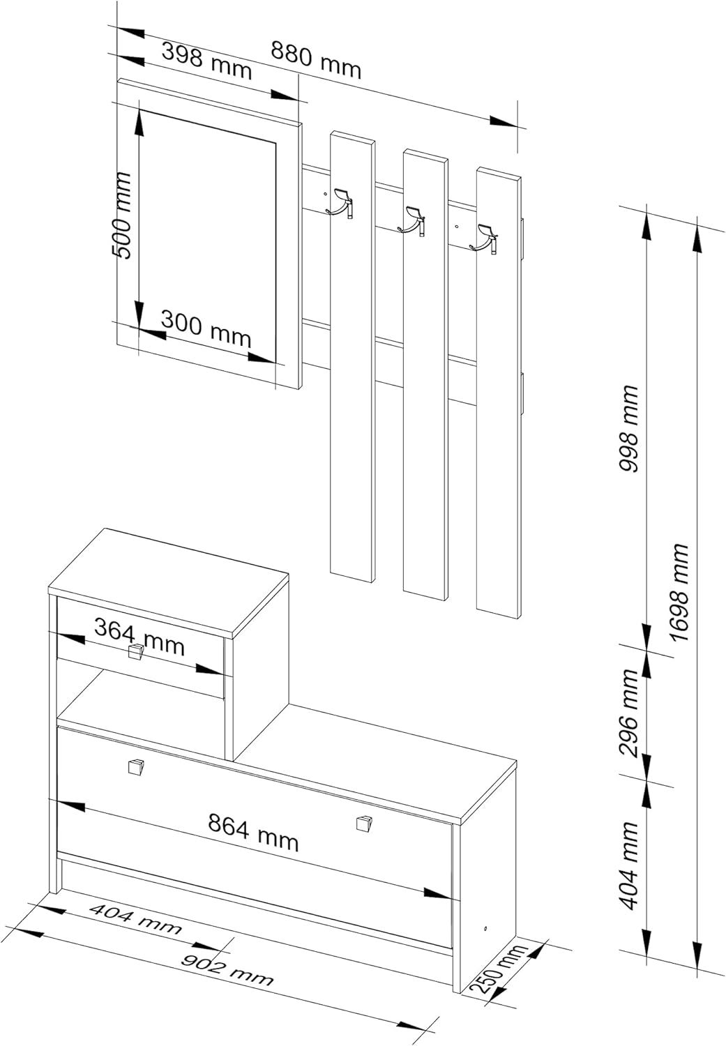 Assembly diagram showing the individual components and their connections for the AKORD wardrobe set.