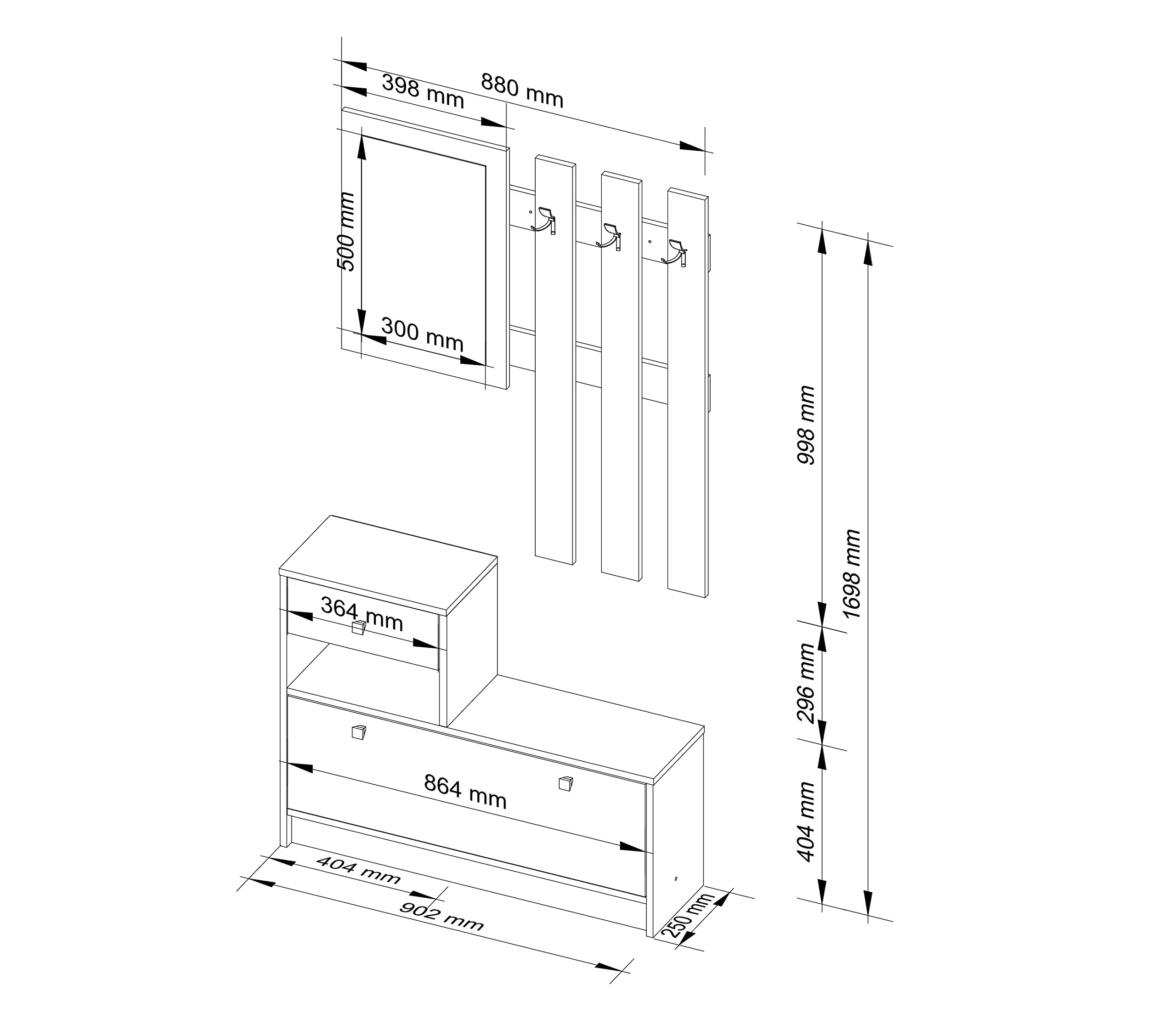 AKORD Ensemble Armoire 2 Parties | Banc Meuble Chaussure avec Cintre et Tiroir | L90 x H70 x P25 cm et Armoire Murale avec Miroir L90 x H100 cm Poids 39 kg | Commode Rangement Chaussures