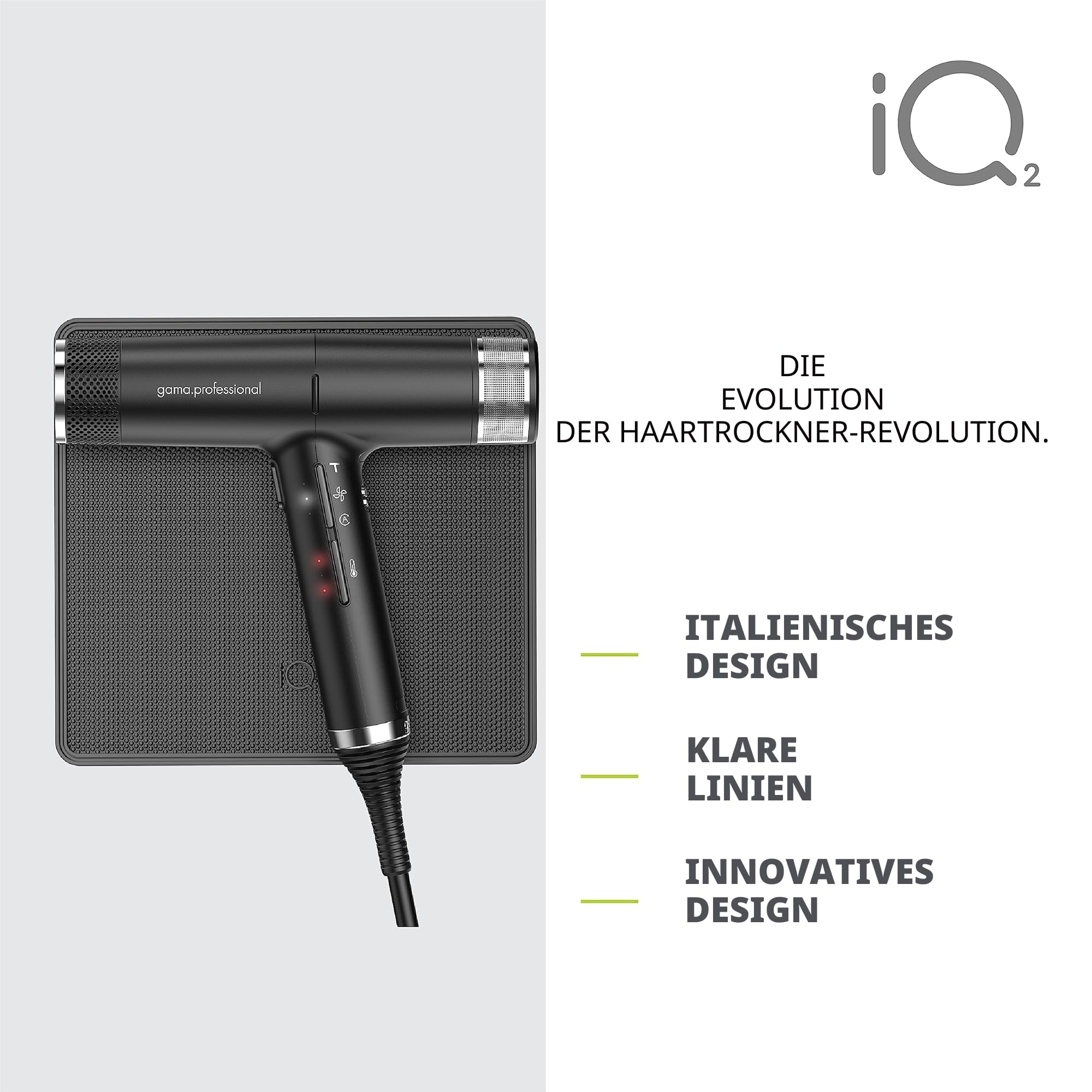 GA.MA Italy Professional, iQ2 Perfect, Ultraleichter Haartrockner mit 110.000 U/min bürstenlosem Motor, Oxy-Active-Technologie und Turbo-Funktion, 1600 W Leistung, Schwarz