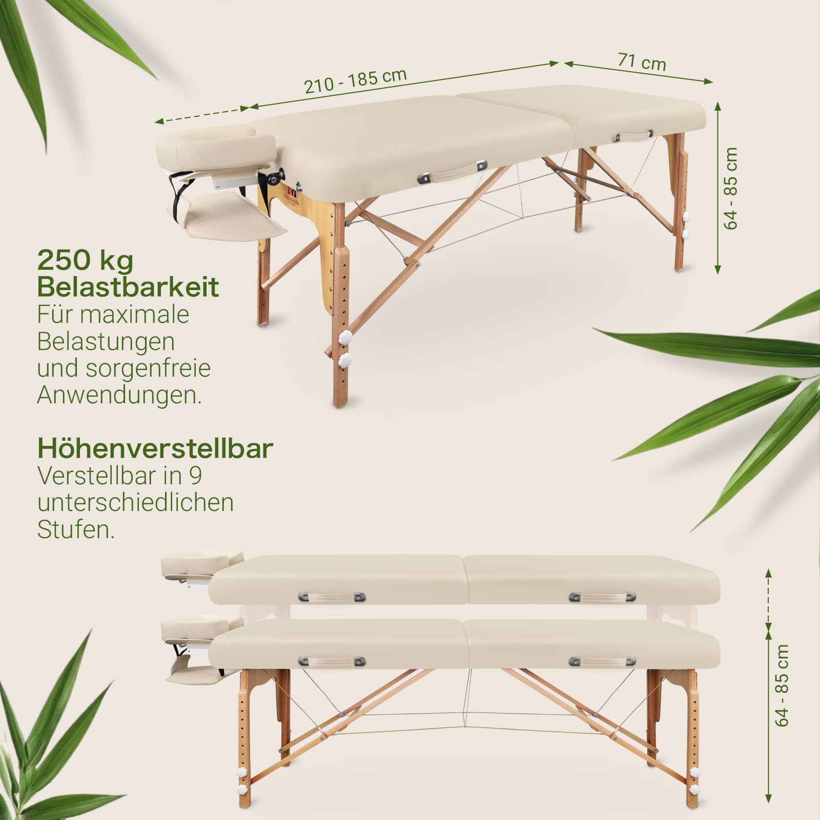 MASSUNDA – Mobile Comfort Deluxe Massageliege klappbar & höhenverstellbar – EXTRA breiter Massagetisch aus Vollholz – Massagebank mit ergonomischer Kopfstütze, Bezug, Armlehne, Kissen (Creme)