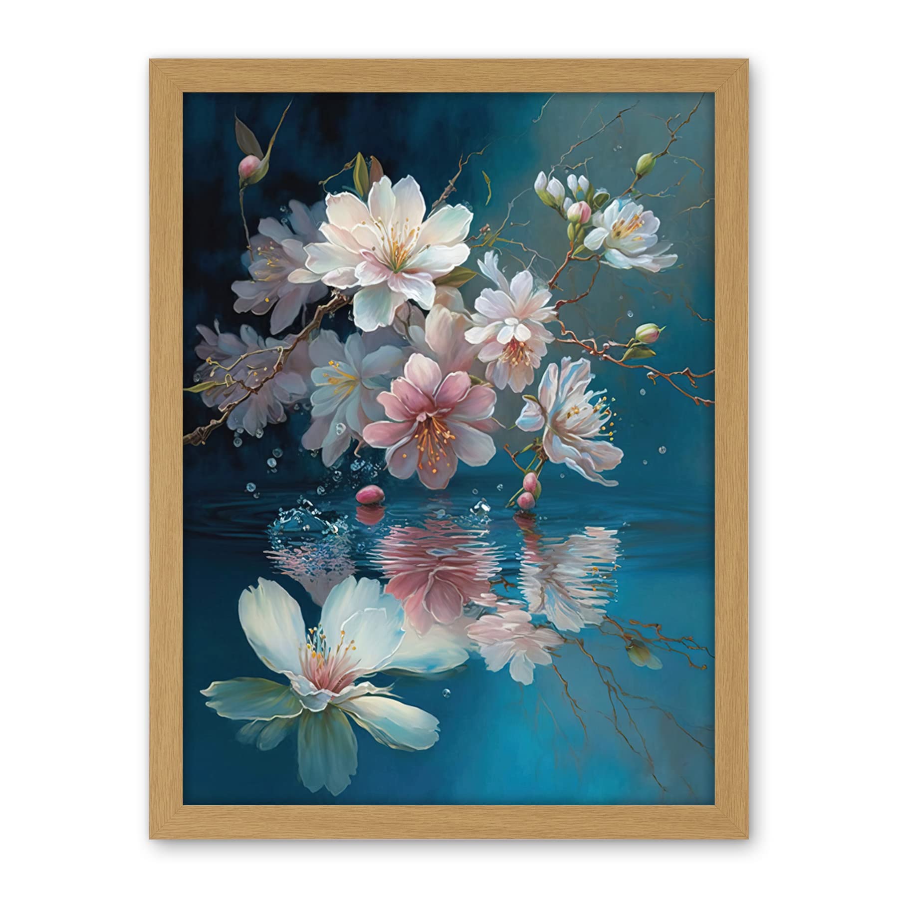 Artery8 Cherry Blossom Branch Dancing Over Water Modern Watercolour Painting Artwork Framed Wall Art Print 18X24 Inch