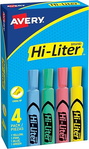 AVERY 17752 HI-LITER Resaltador estilo escritorio, punta de cincel, colores surtidos, 4 unidades
